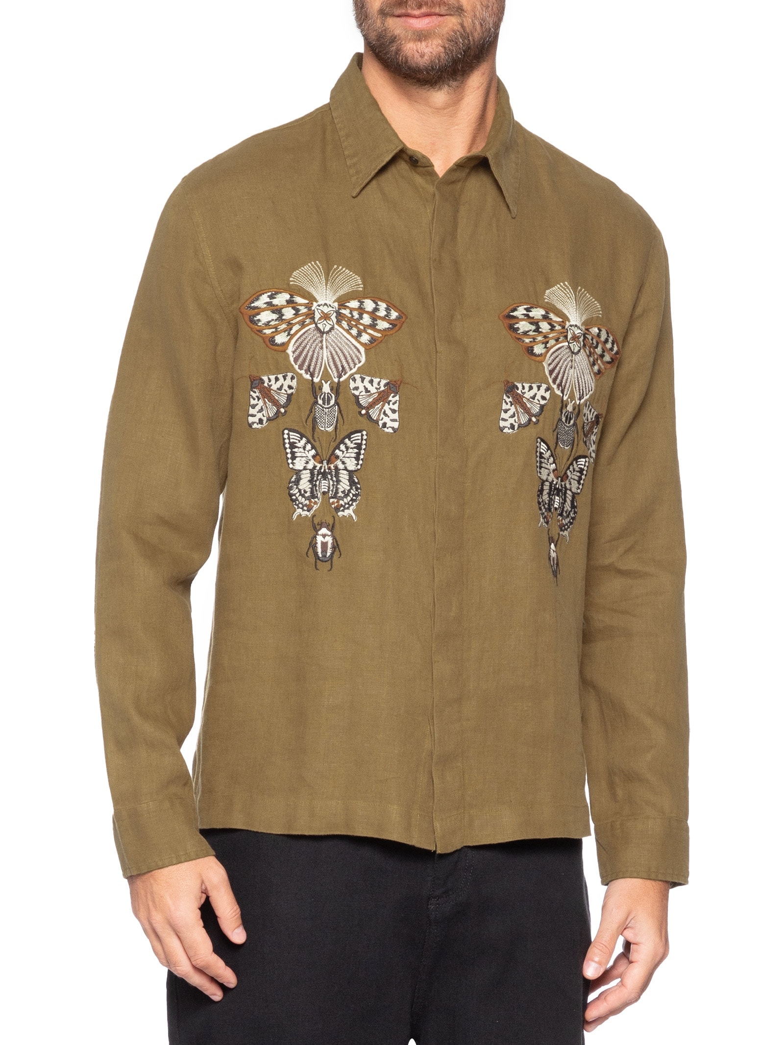 Camisa Casual Manga Longa Masculina Linen Bordado Cabinet Bege Osklen