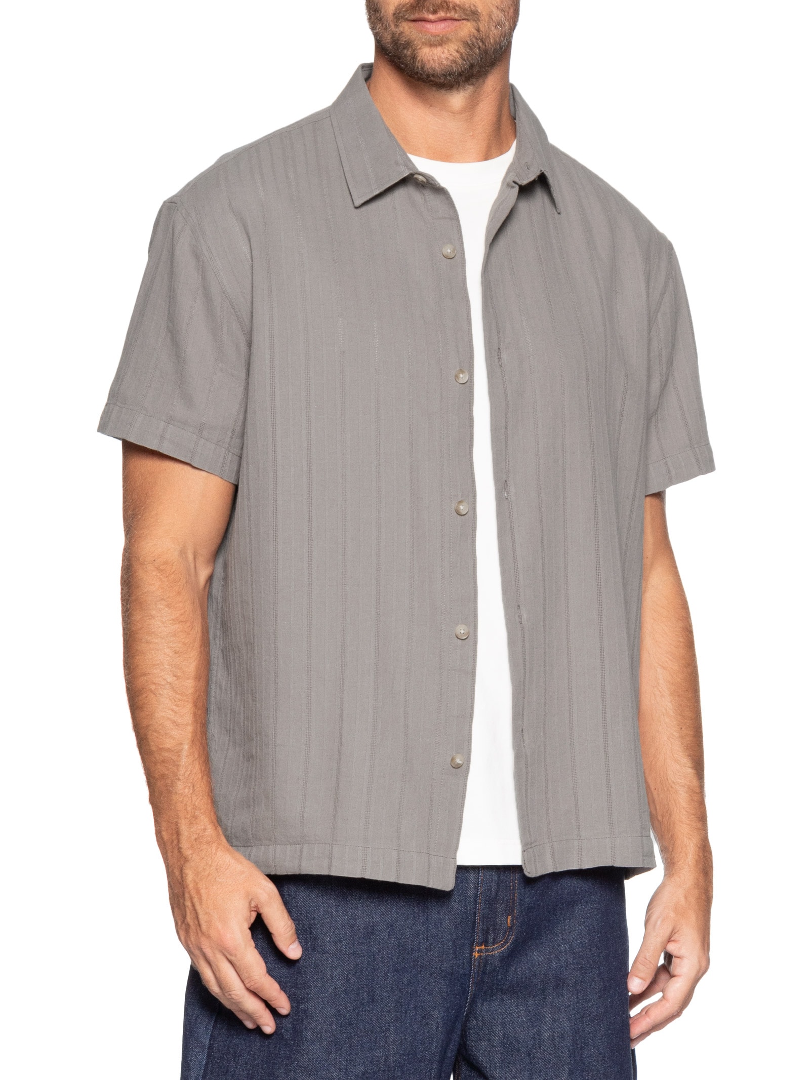 Camisa Casual Masculina Com Listras Texturizadas Cinza Hering