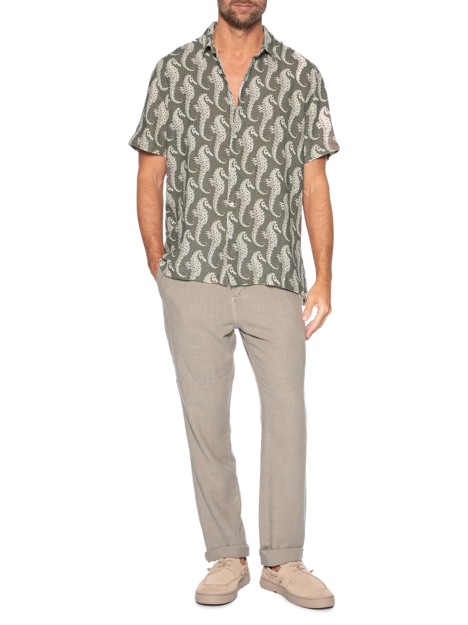 Camisa Casual Masculina Linen Seahorse Green Verde Osklen