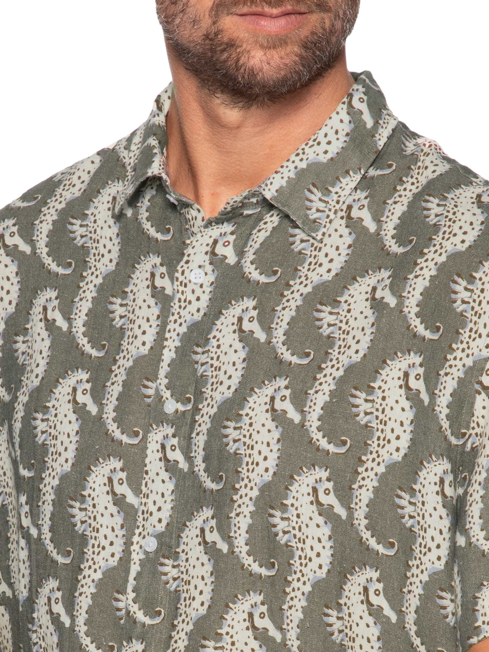 Camisa Casual Masculina Linen Seahorse Green Verde Osklen