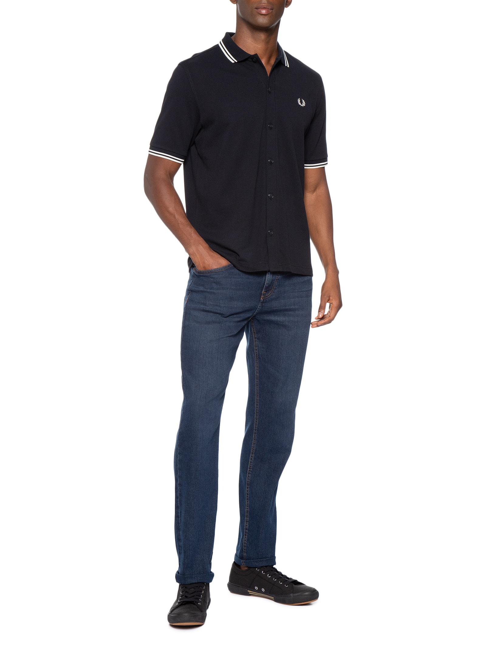 Camisa Casual Masculina Manga Curta com Friso Azul Fred Perry