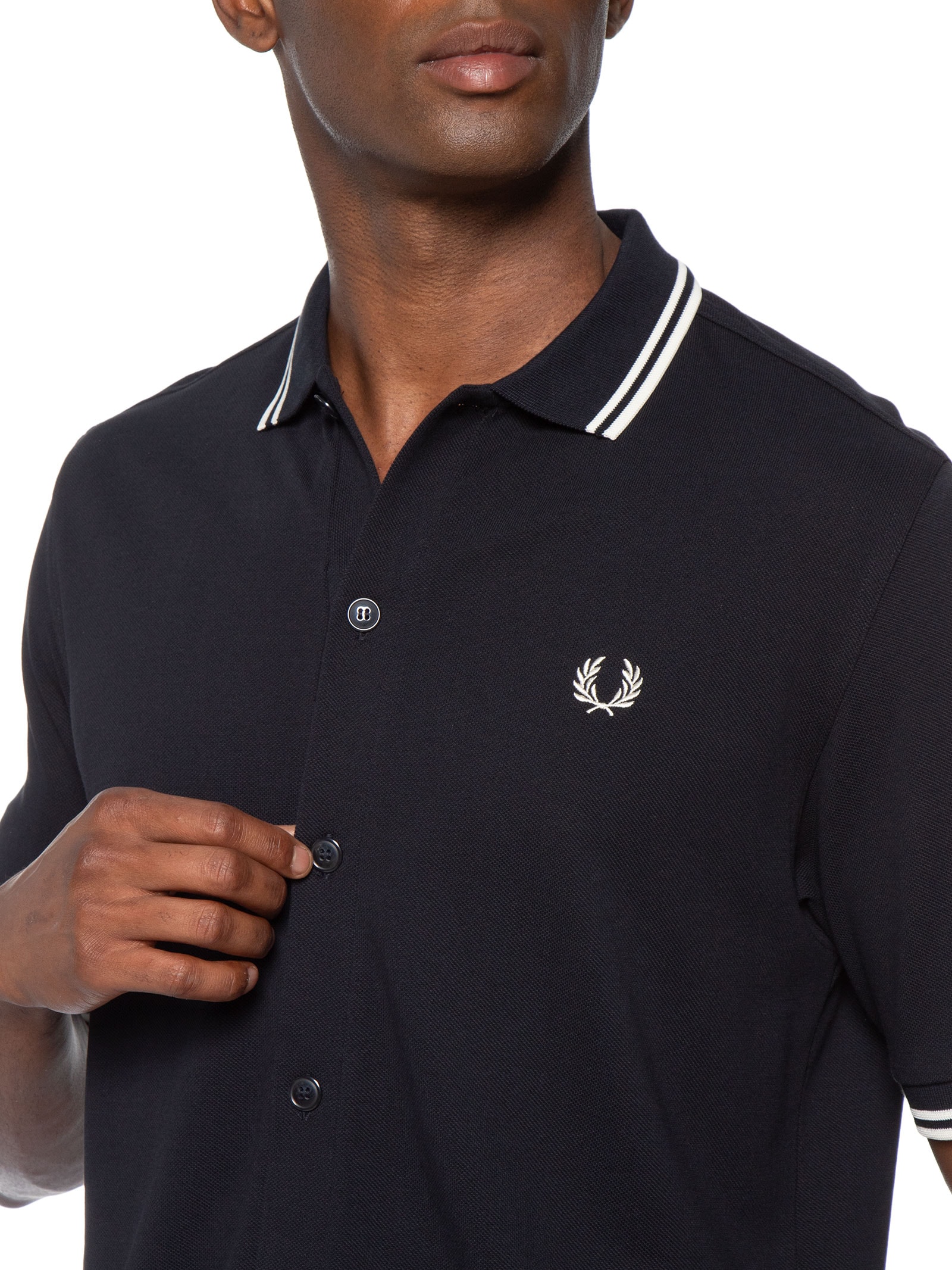 Camisa Casual Masculina Manga Curta com Friso Azul Fred Perry