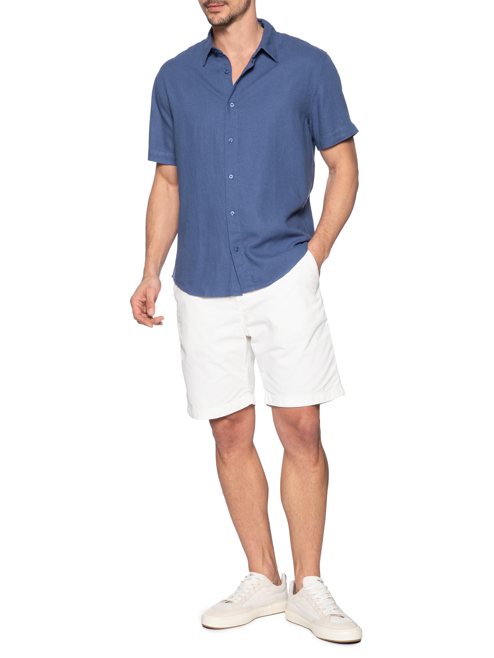 Camisa Casual Masculina Manga Curta Linen Soft Azul Osklen