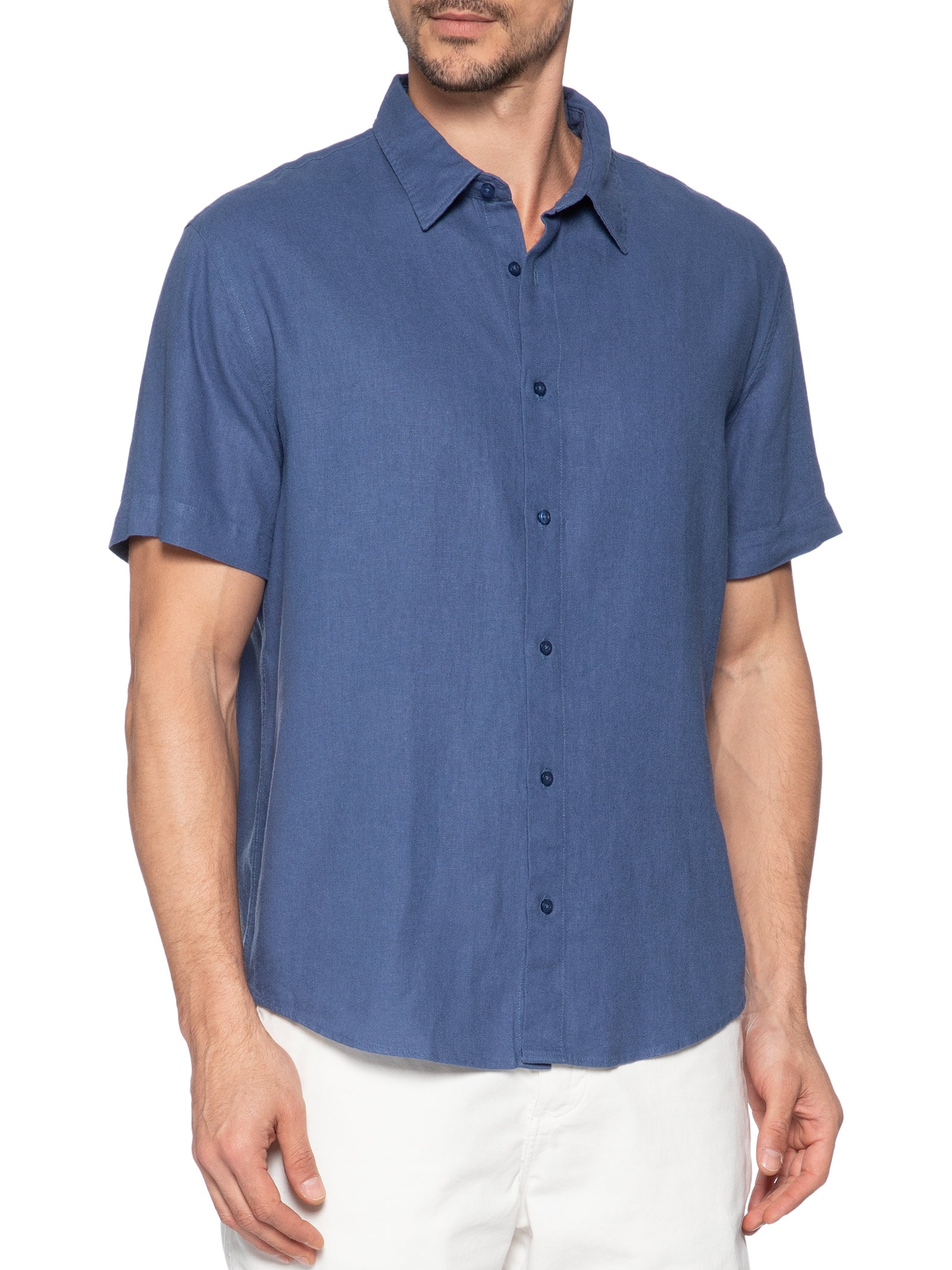 Camisa Casual Masculina Manga Curta Linen Soft Azul Osklen
