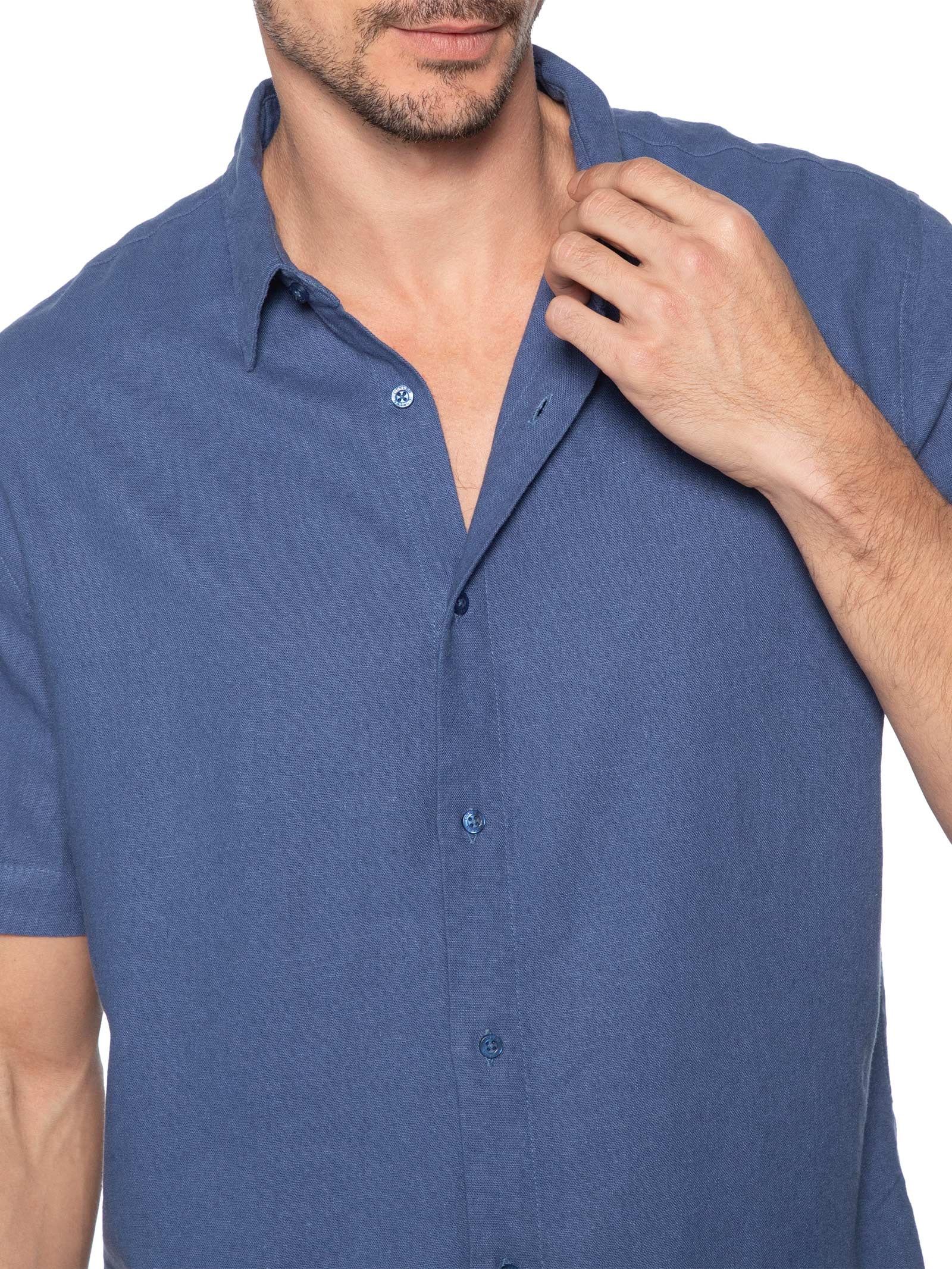 Camisa Casual Masculina Manga Curta Linen Soft Azul Osklen