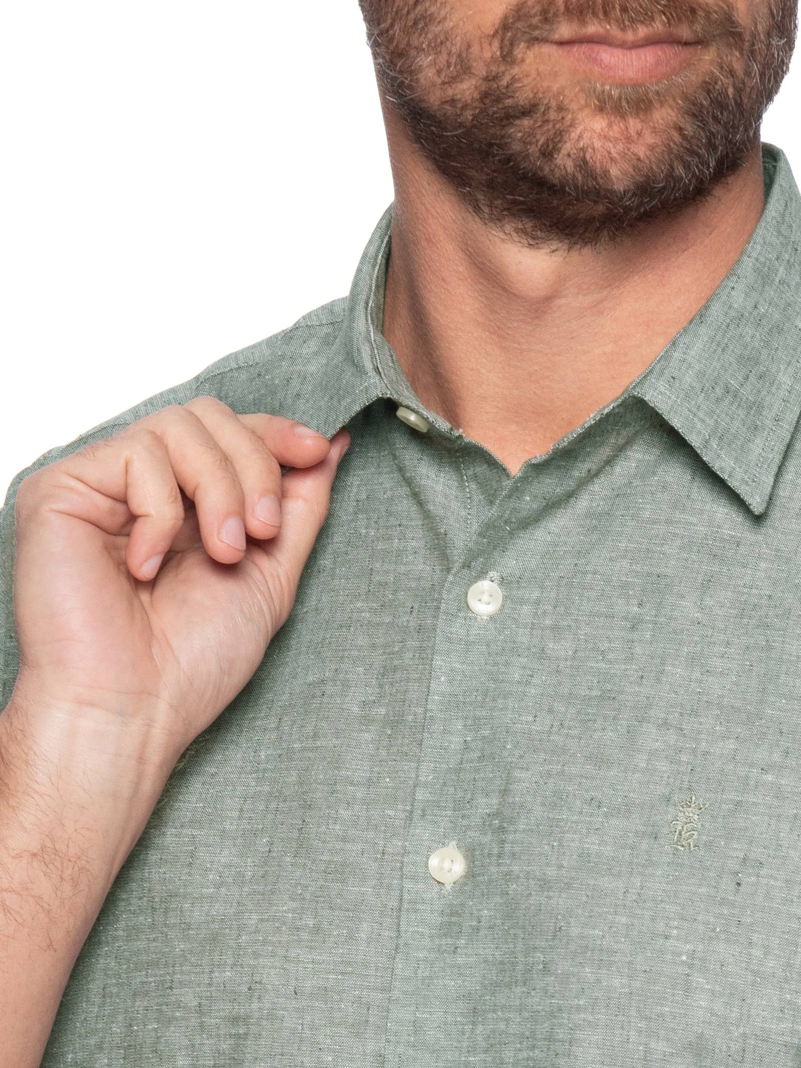 Camisa Casual Masculina Regular Fit Em Linho Verde Sergio K