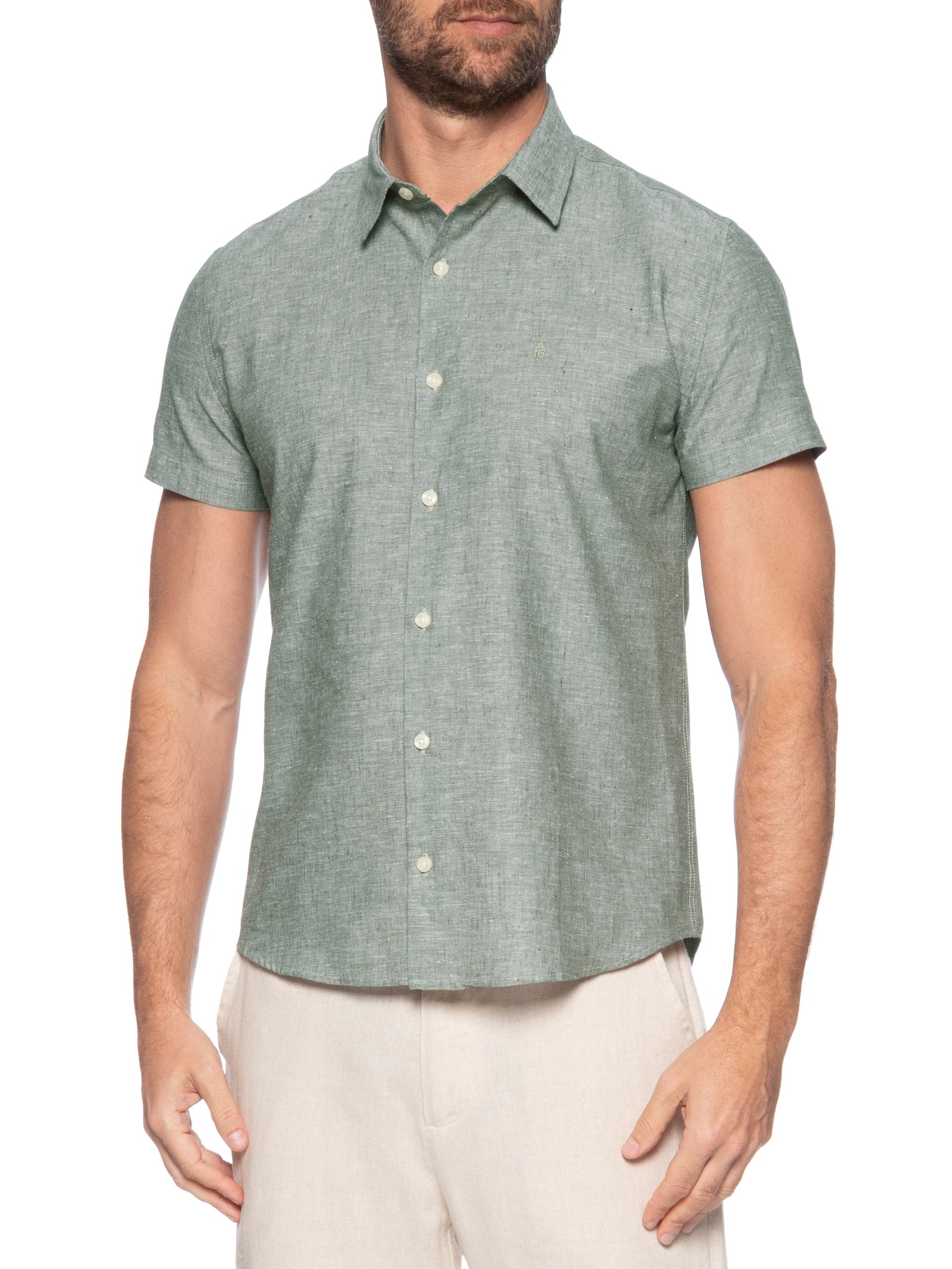 Camisa Casual Masculina Regular Fit Em Linho Verde Sergio K