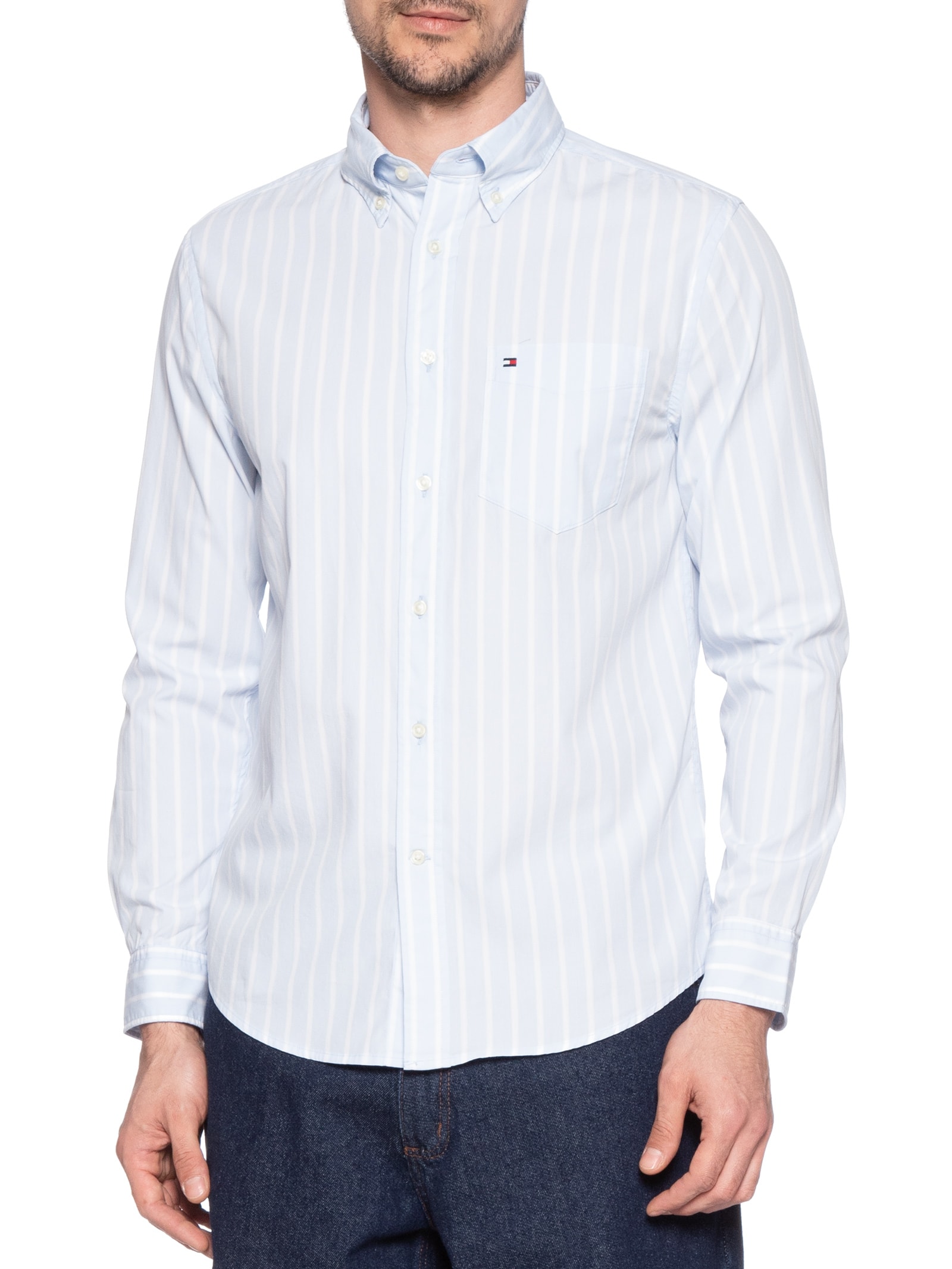 Camisa Casual Masculina Regular Fit Em Popline Estampada Azul Tommy Hilfiger