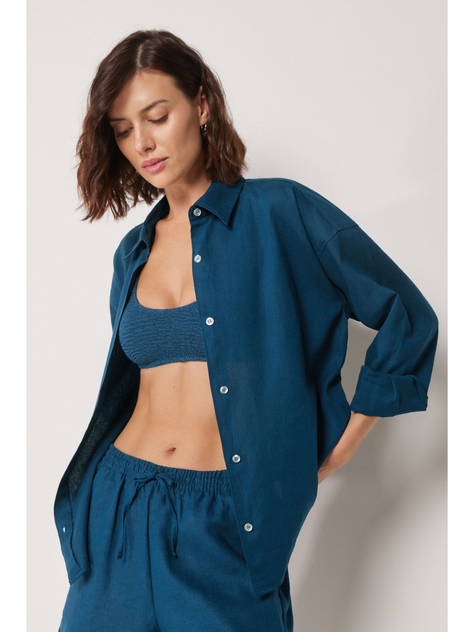 Camisa Curta Em Linho e Viscose Azul Calzedonia