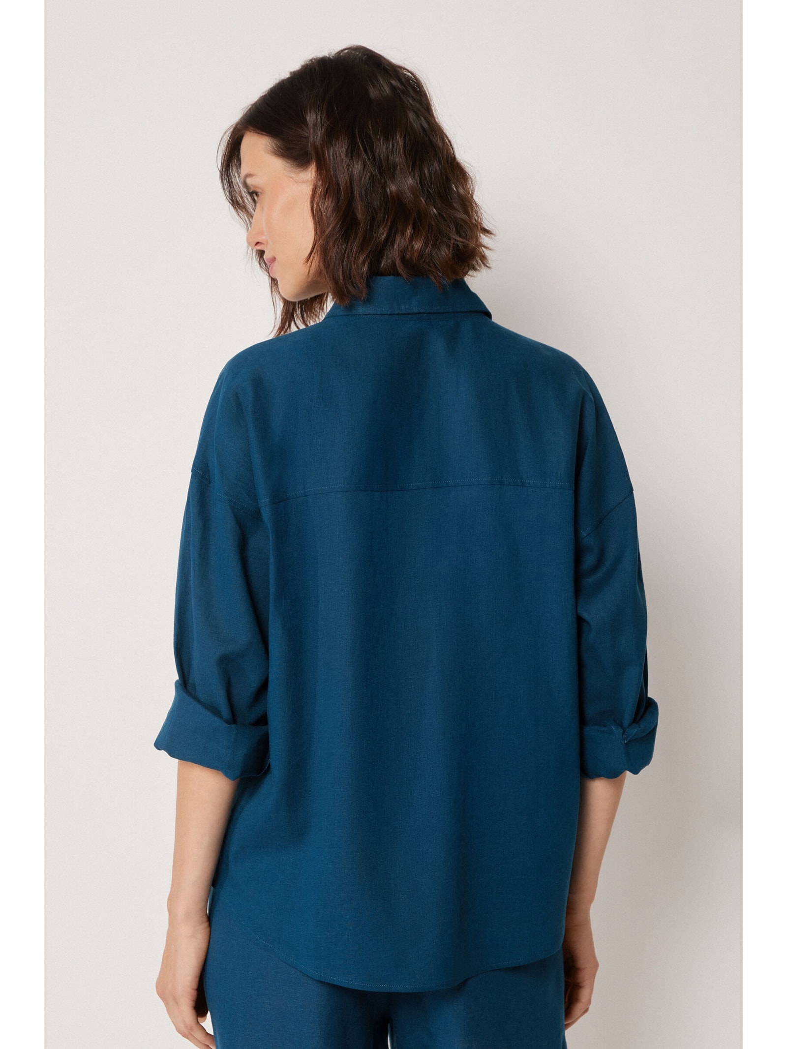 Camisa Curta Em Linho e Viscose Azul Calzedonia