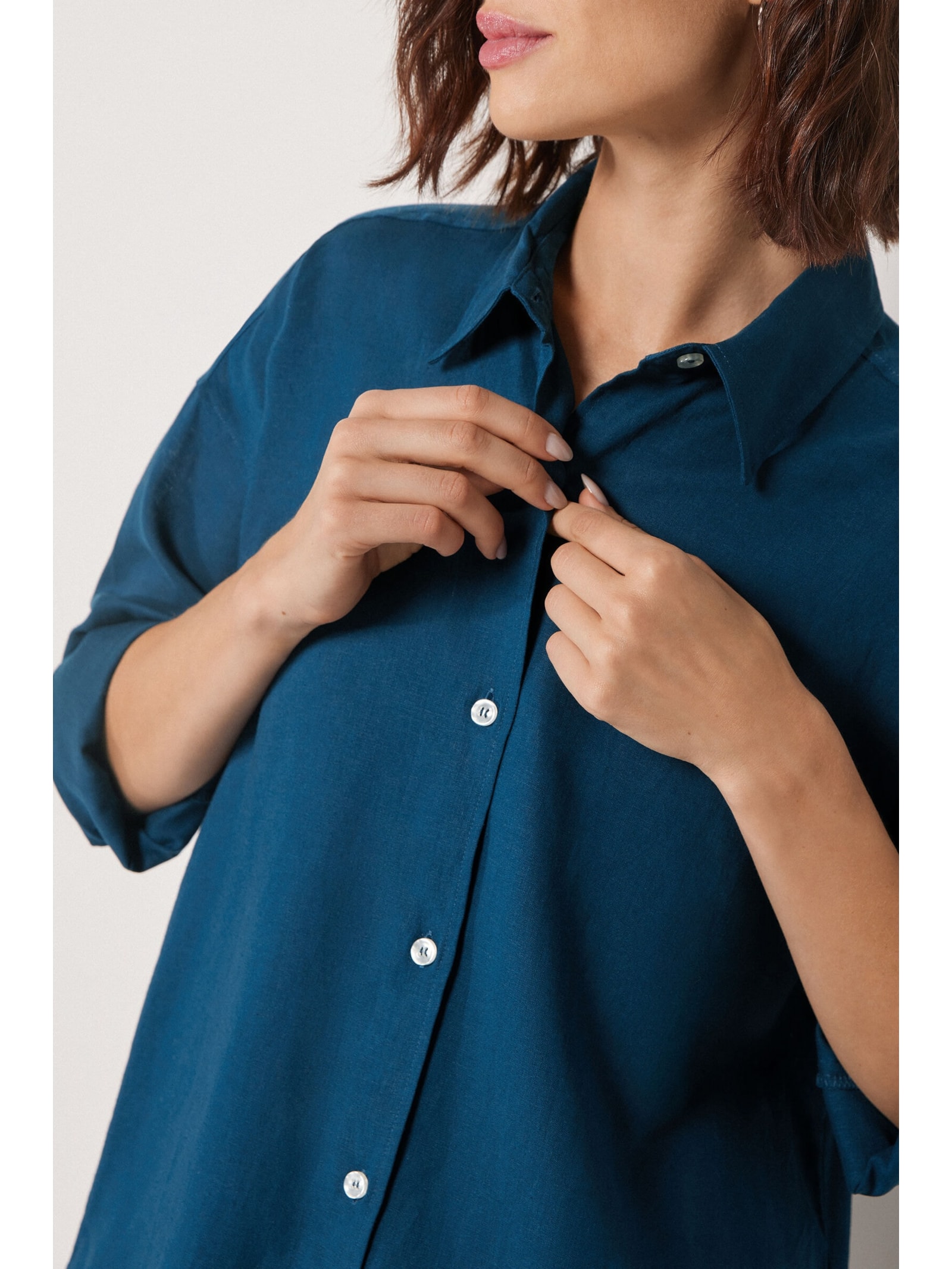 Camisa Curta Em Linho e Viscose Azul Calzedonia