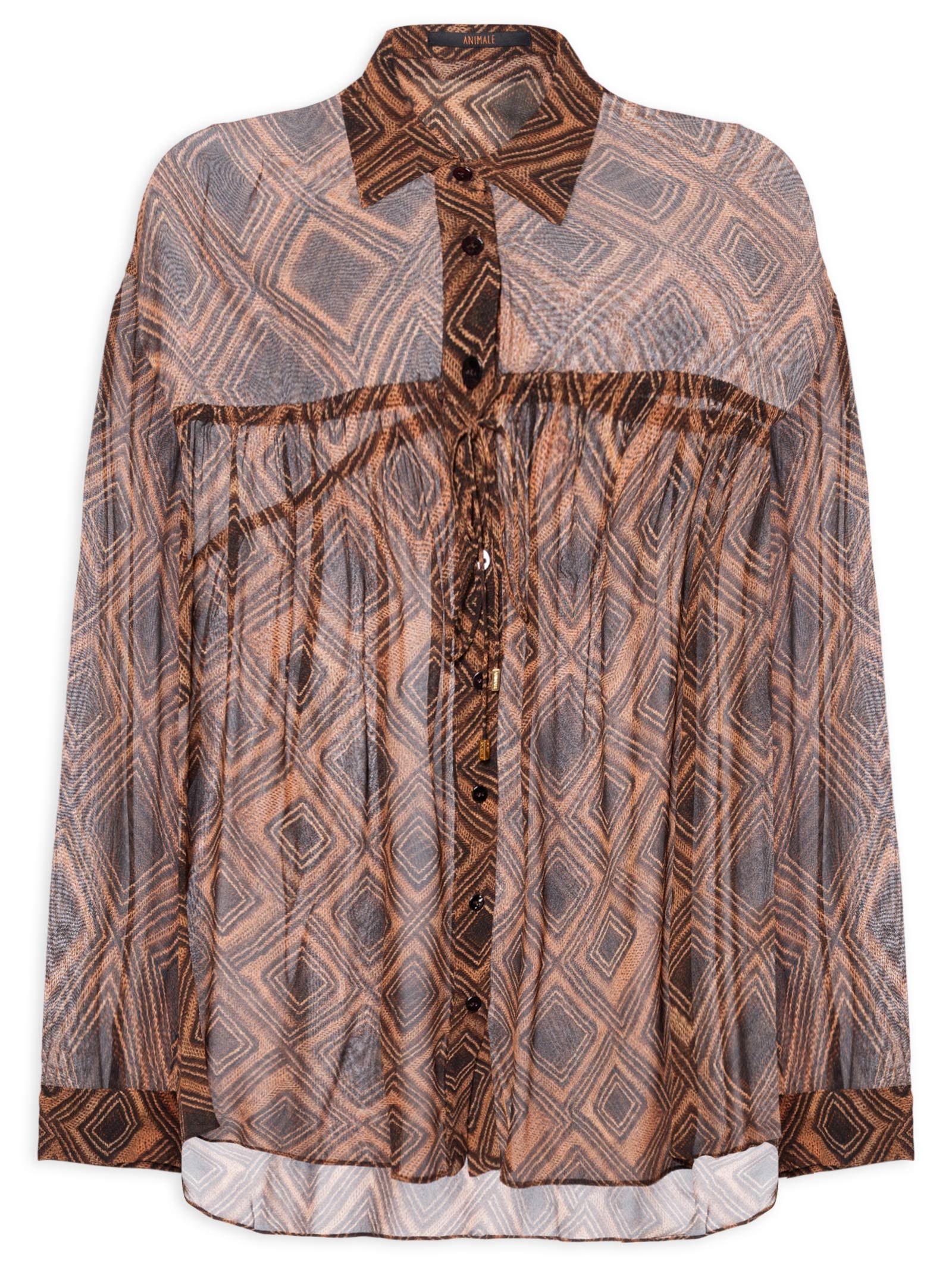 Camisa De Georgette Leve Colissê Estampada Marrom Animale