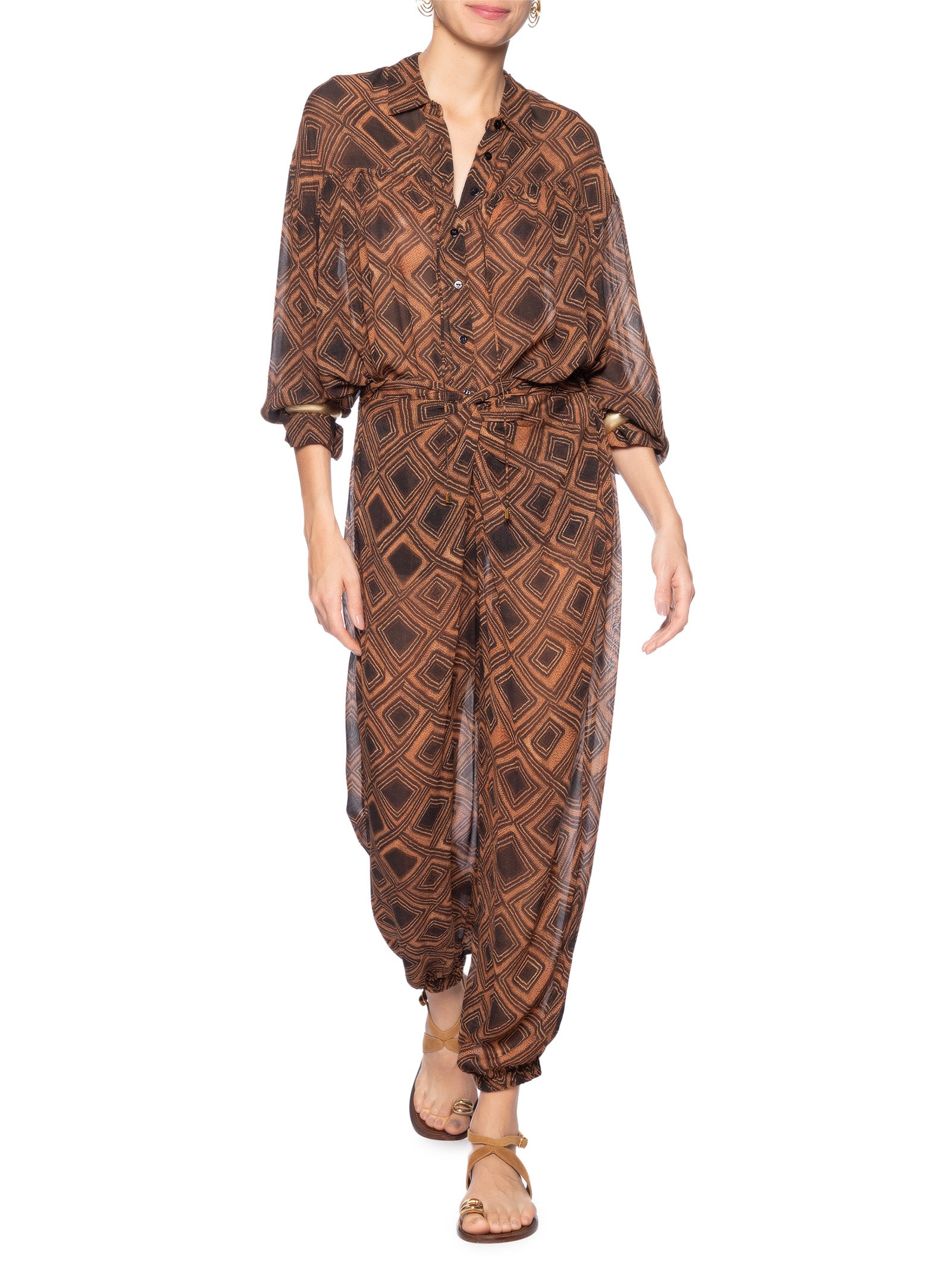 Camisa De Georgette Leve Colissê Estampada Marrom Animale