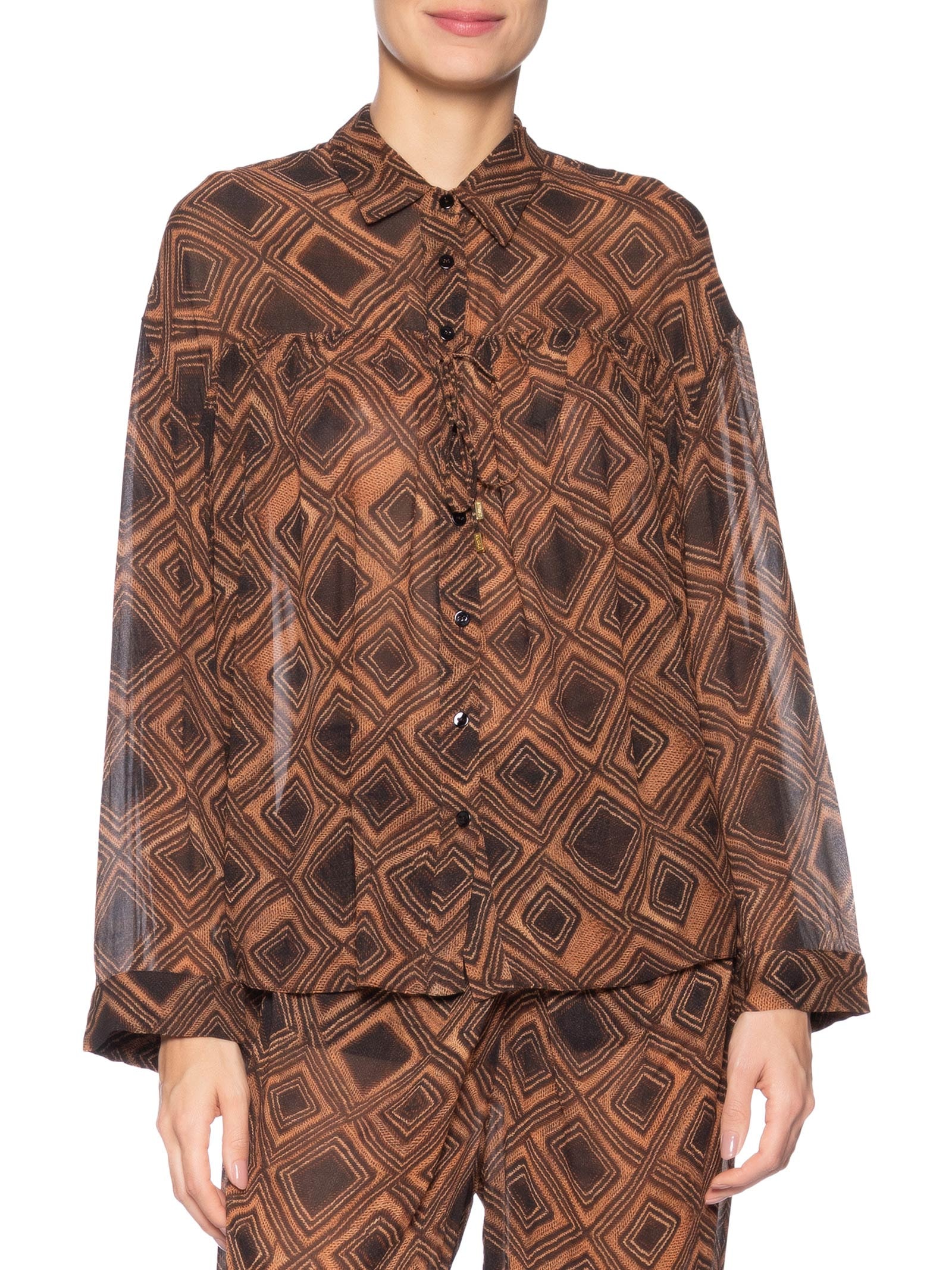 Camisa De Georgette Leve Colissê Estampada Marrom Animale