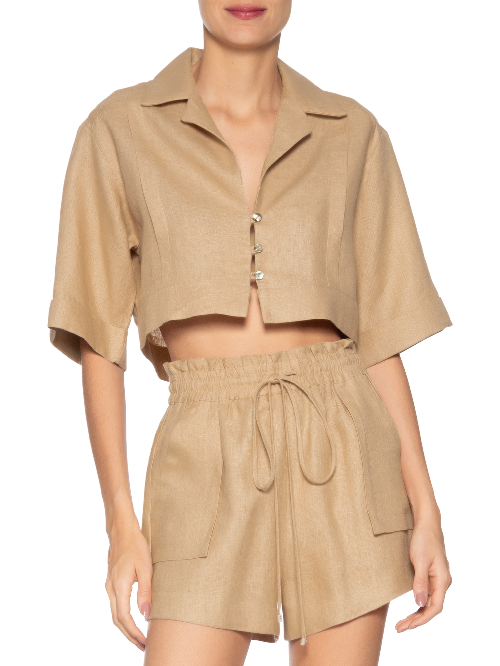 Camisa De Linho Cropped Natural Bege Animale