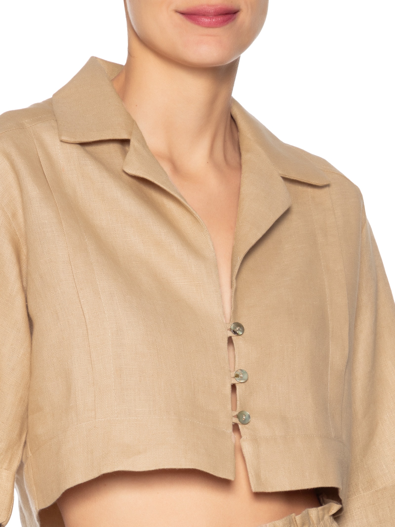Camisa De Linho Cropped Natural Bege Animale