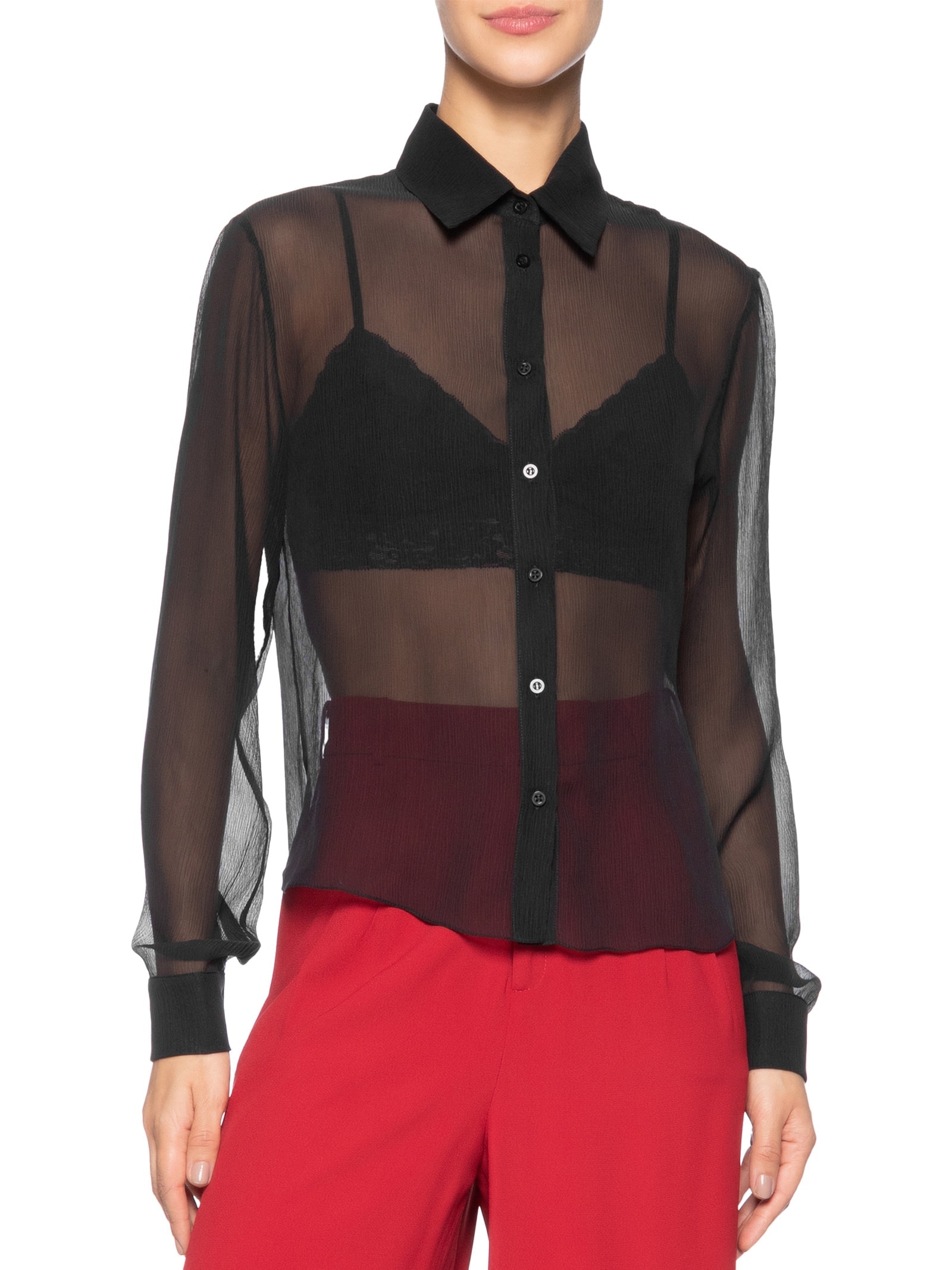 Camisa Feminina Ajustada Em Seda Pura Preto '2Essential