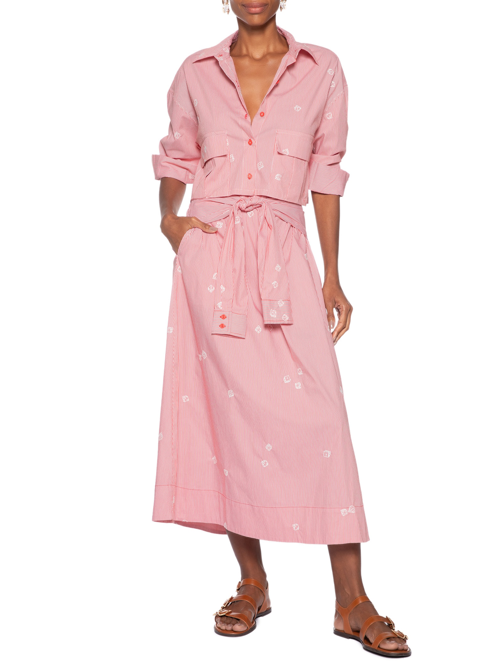 Camisa Feminina Alg Listra Bordado Dadinho Vermelho Cantão