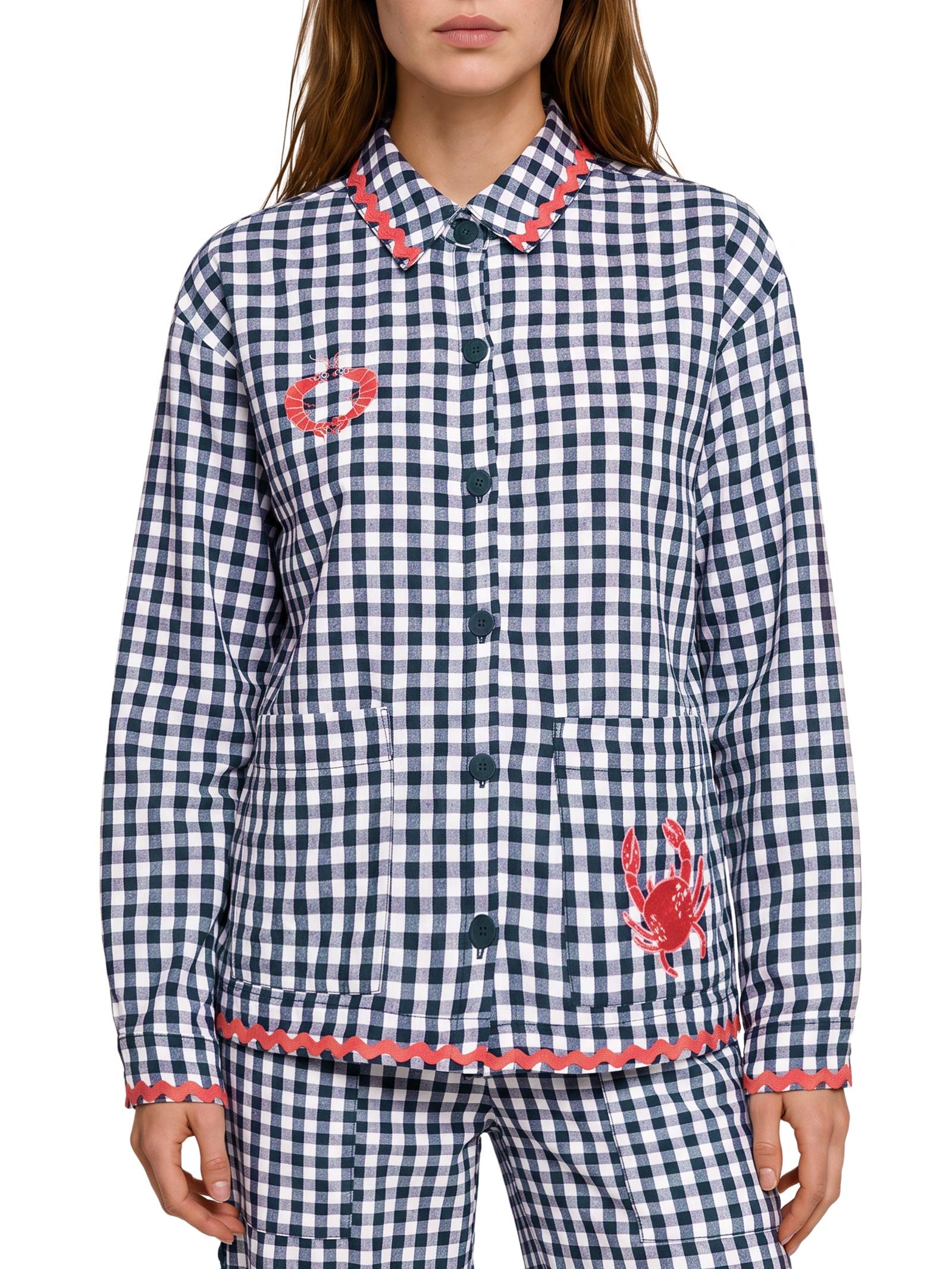 Camisa Feminina Alg Vichy Bordado Azul Cantão