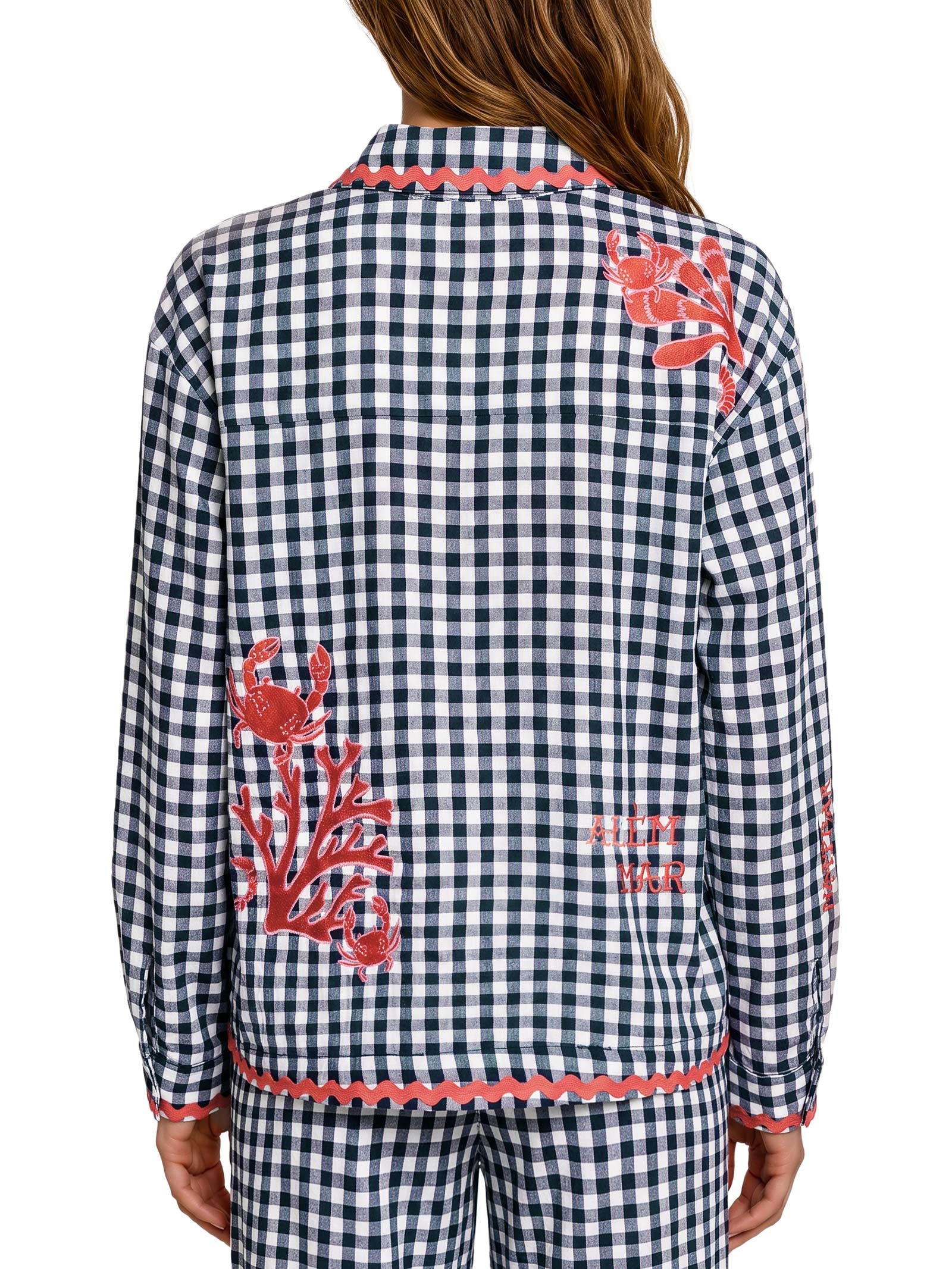 Camisa Feminina Alg Vichy Bordado Azul Cantão