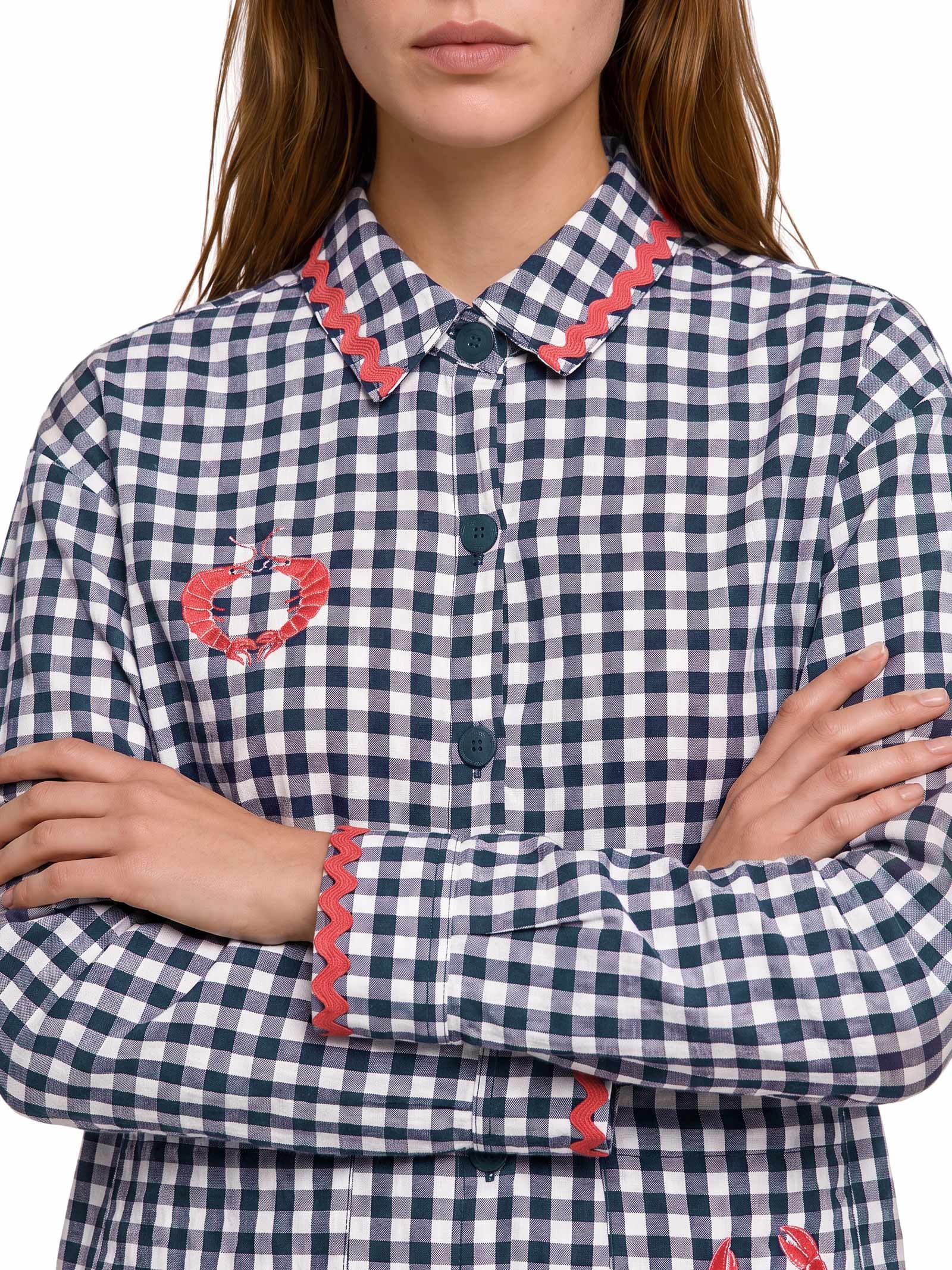Camisa Feminina Alg Vichy Bordado Azul Cantão