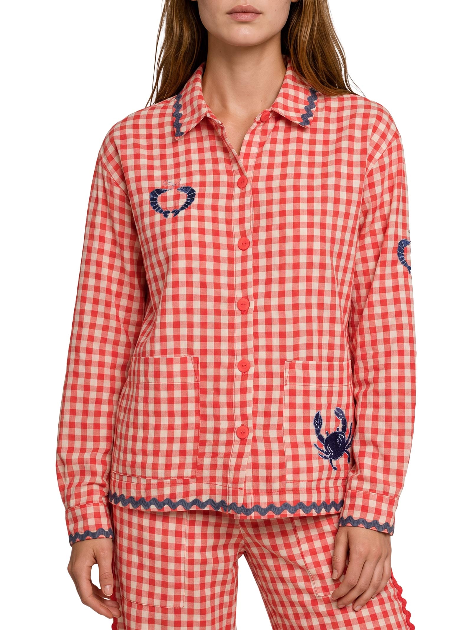 Camisa Feminina Alg Vichy Bordado Vermelho Cantão