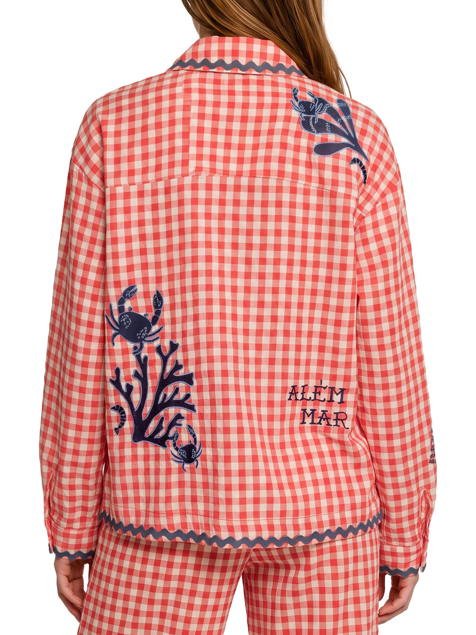 Camisa Feminina Alg Vichy Bordado Vermelho Cantão