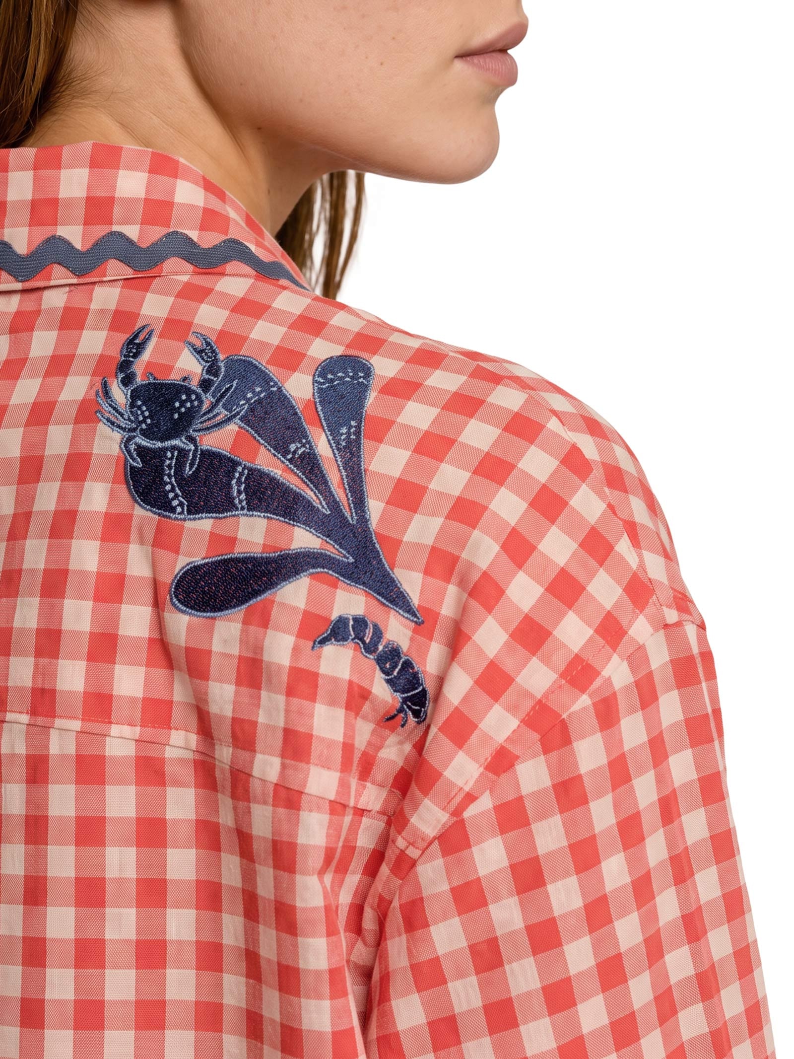 Camisa Feminina Alg Vichy Bordado Vermelho Cantão