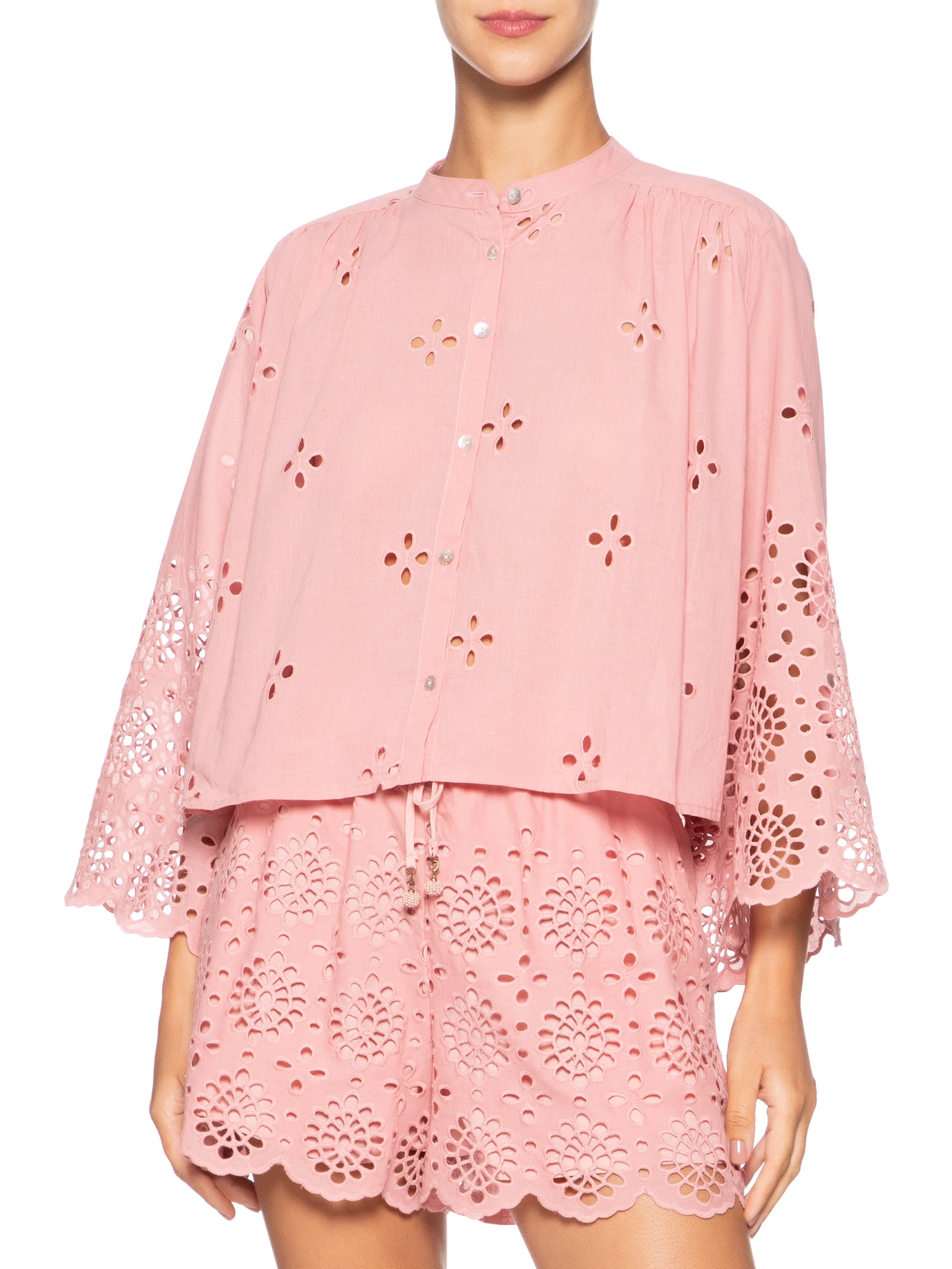 Camisa Feminina Algodão Bordado Barrado Rosa Dress To