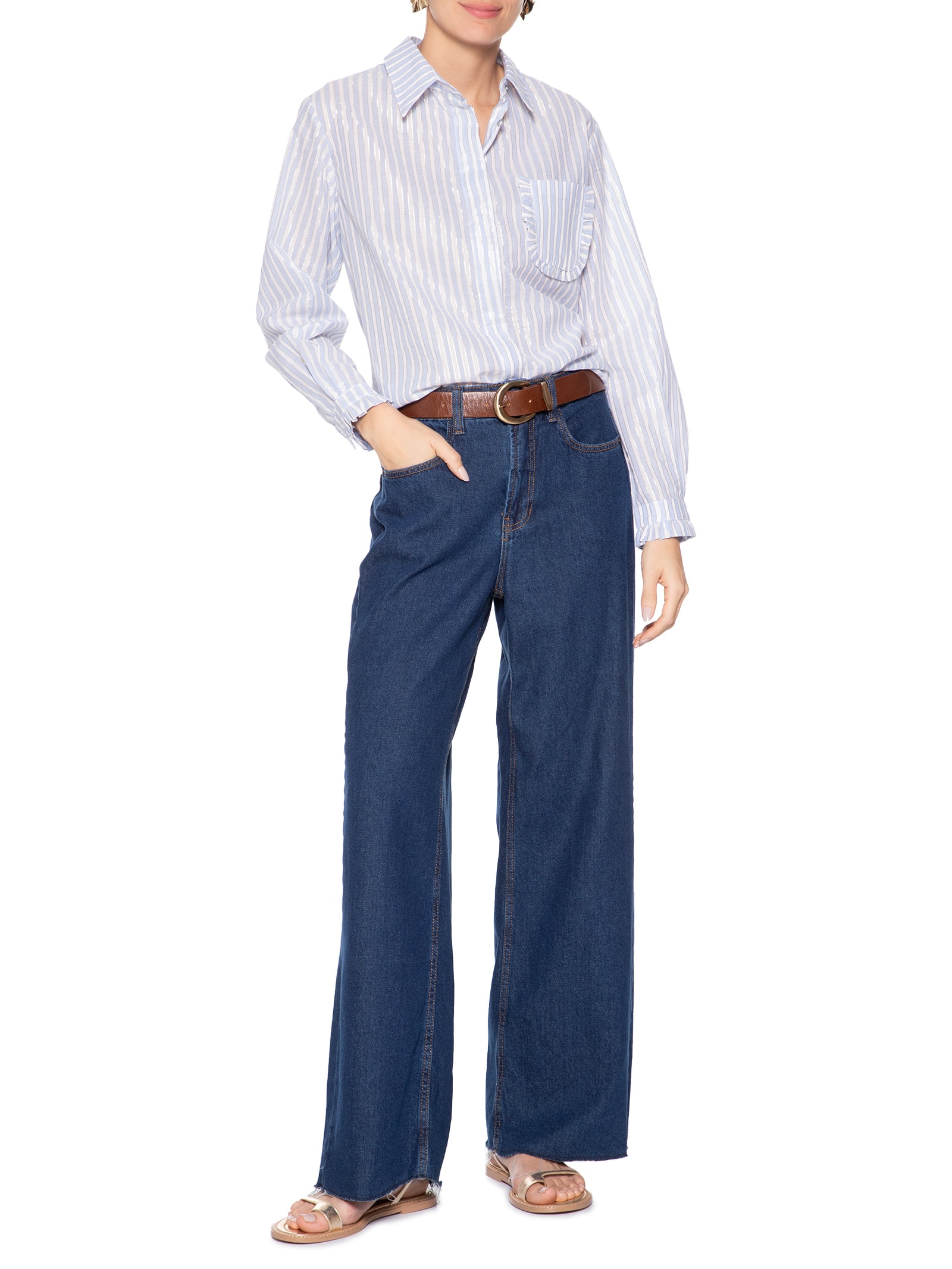 Camisa Feminina Algodão Listras Luréx Azul Dress To