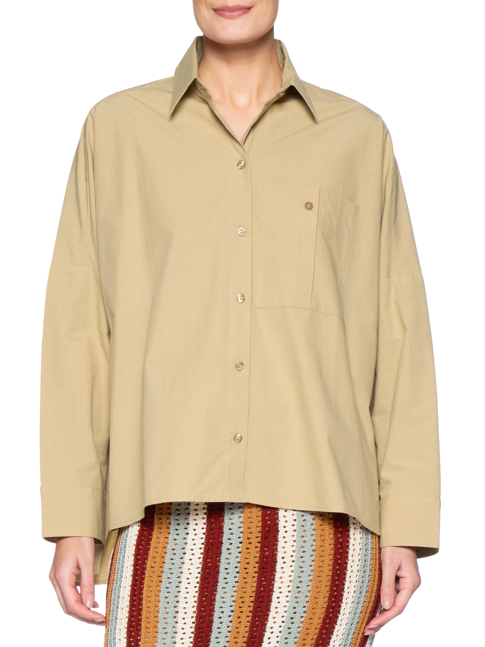 Camisa Feminina Algodão Prega Bolso Bege Dress To