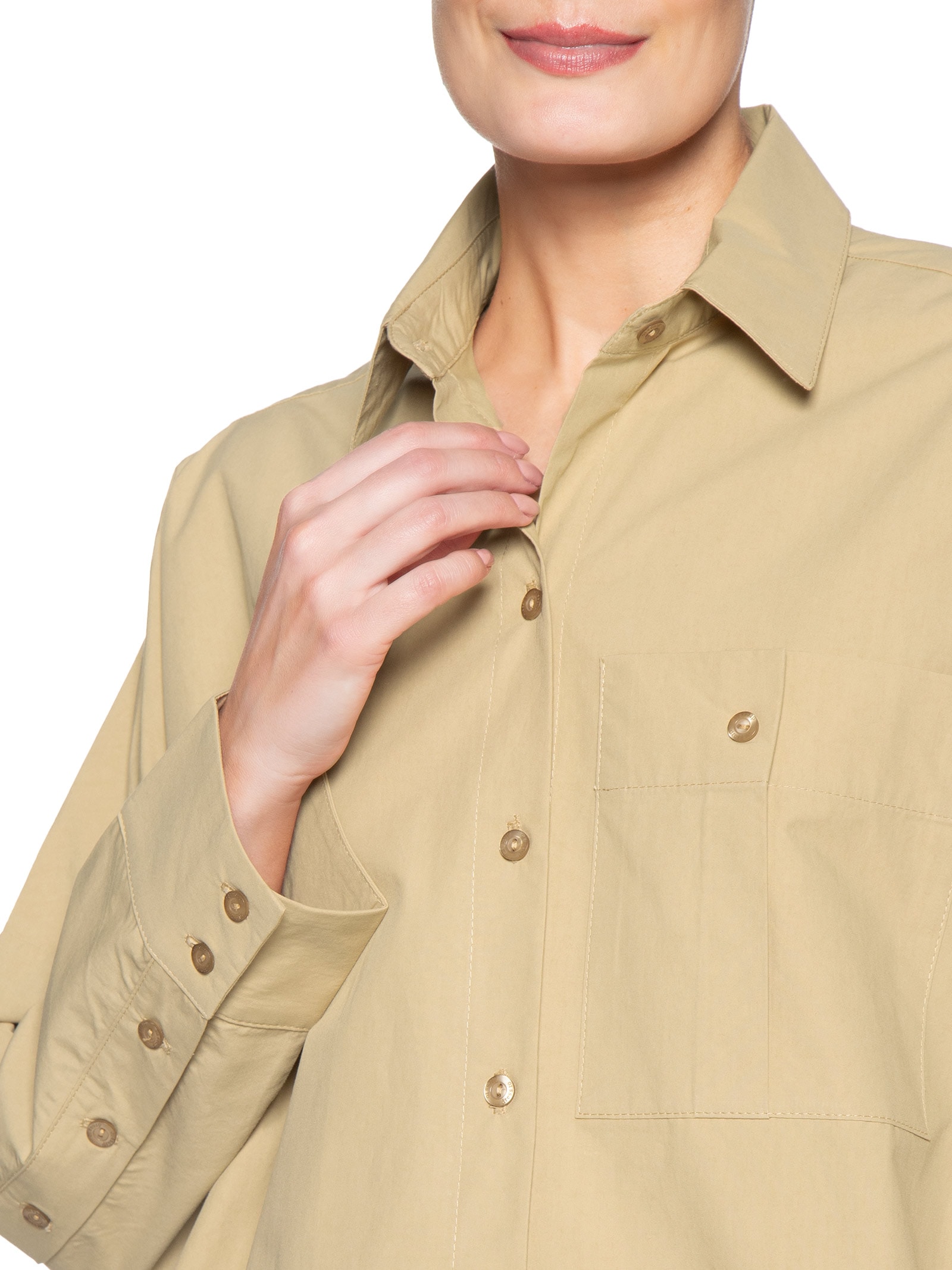 Camisa Feminina Algodão Prega Bolso Bege Dress To