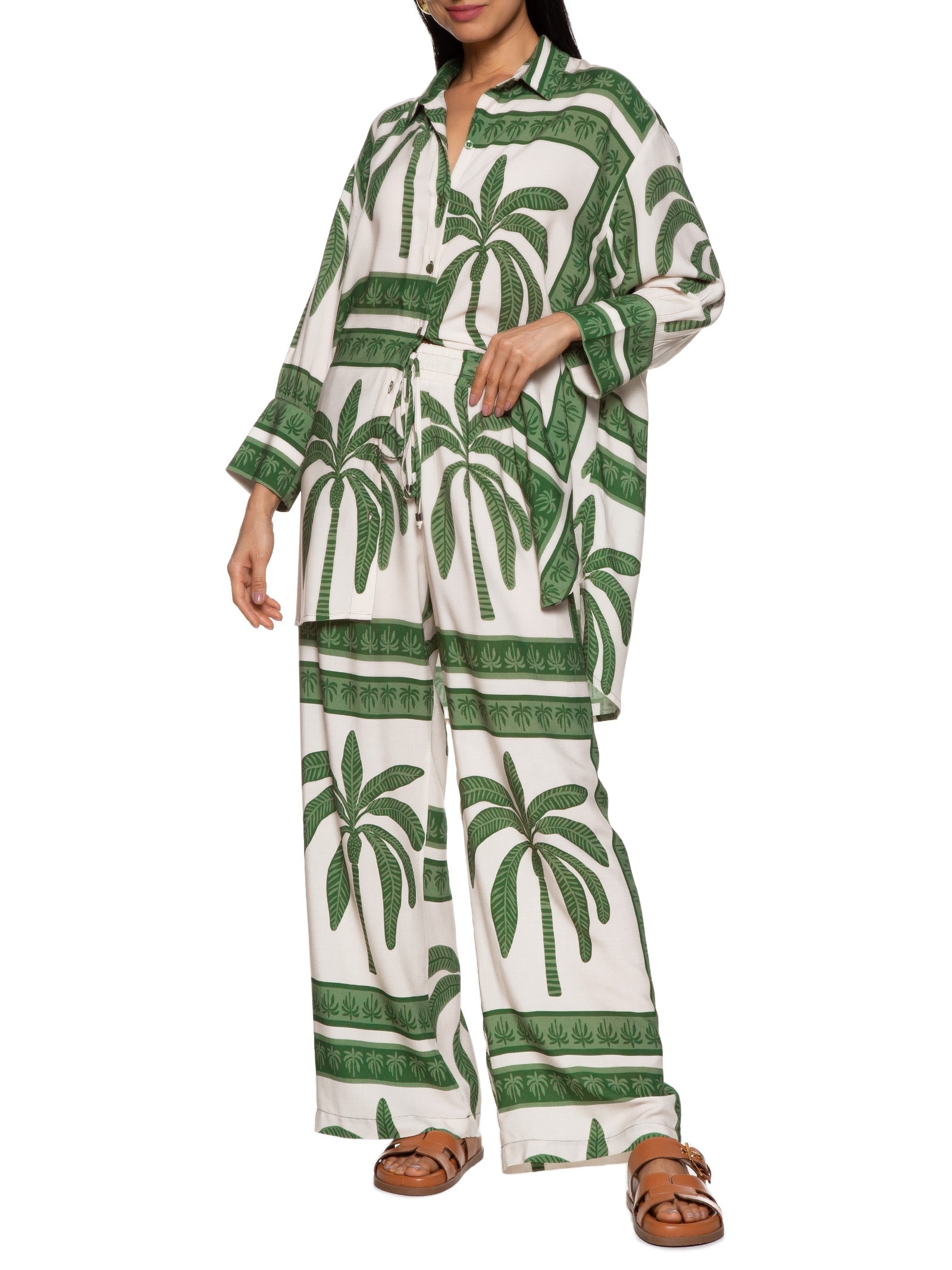 Camisa Feminina Alongada Estampa Lenço Coqueiro Verde Mob