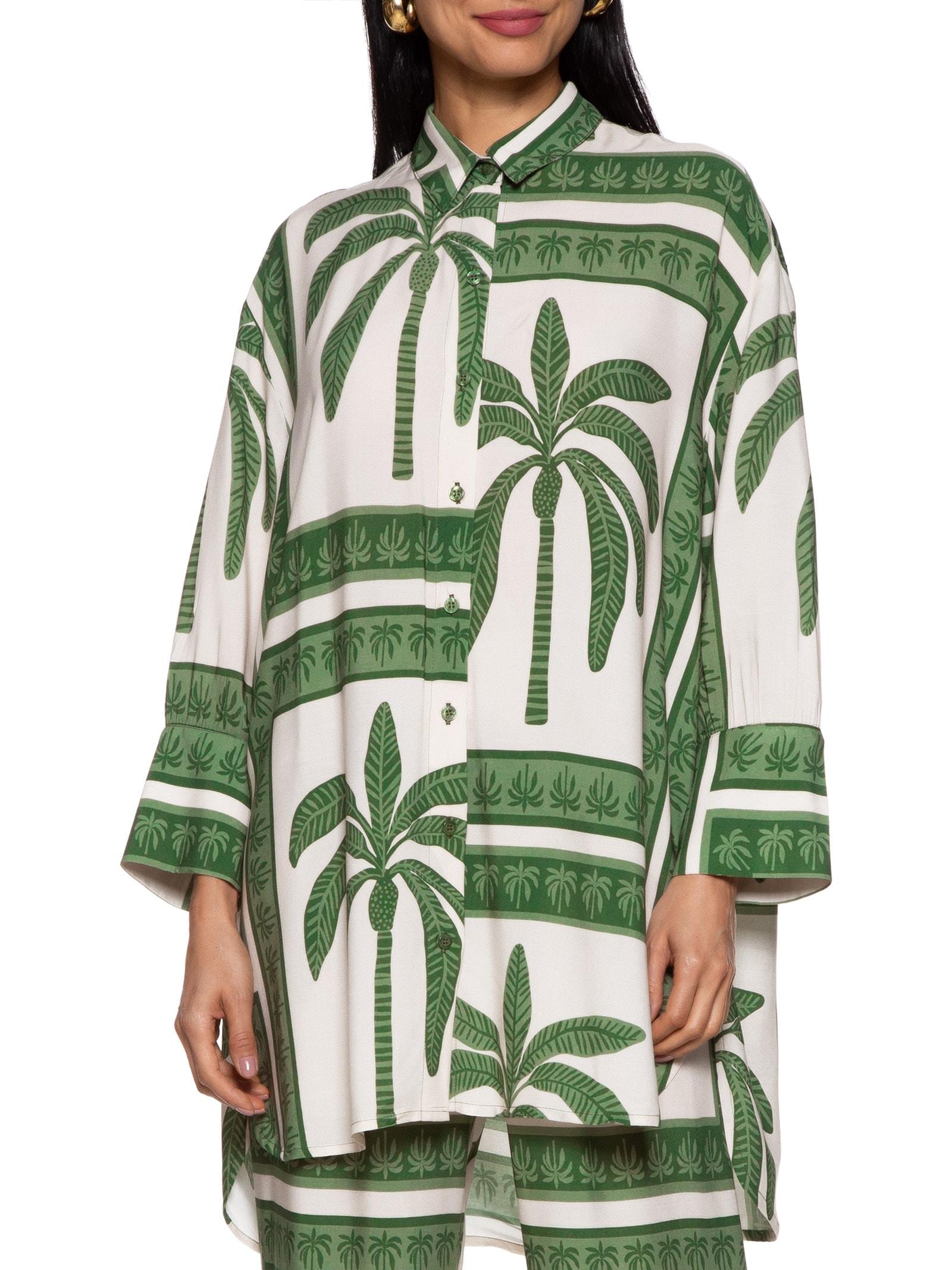 Camisa Feminina Alongada Estampa Lenço Coqueiro Verde Mob