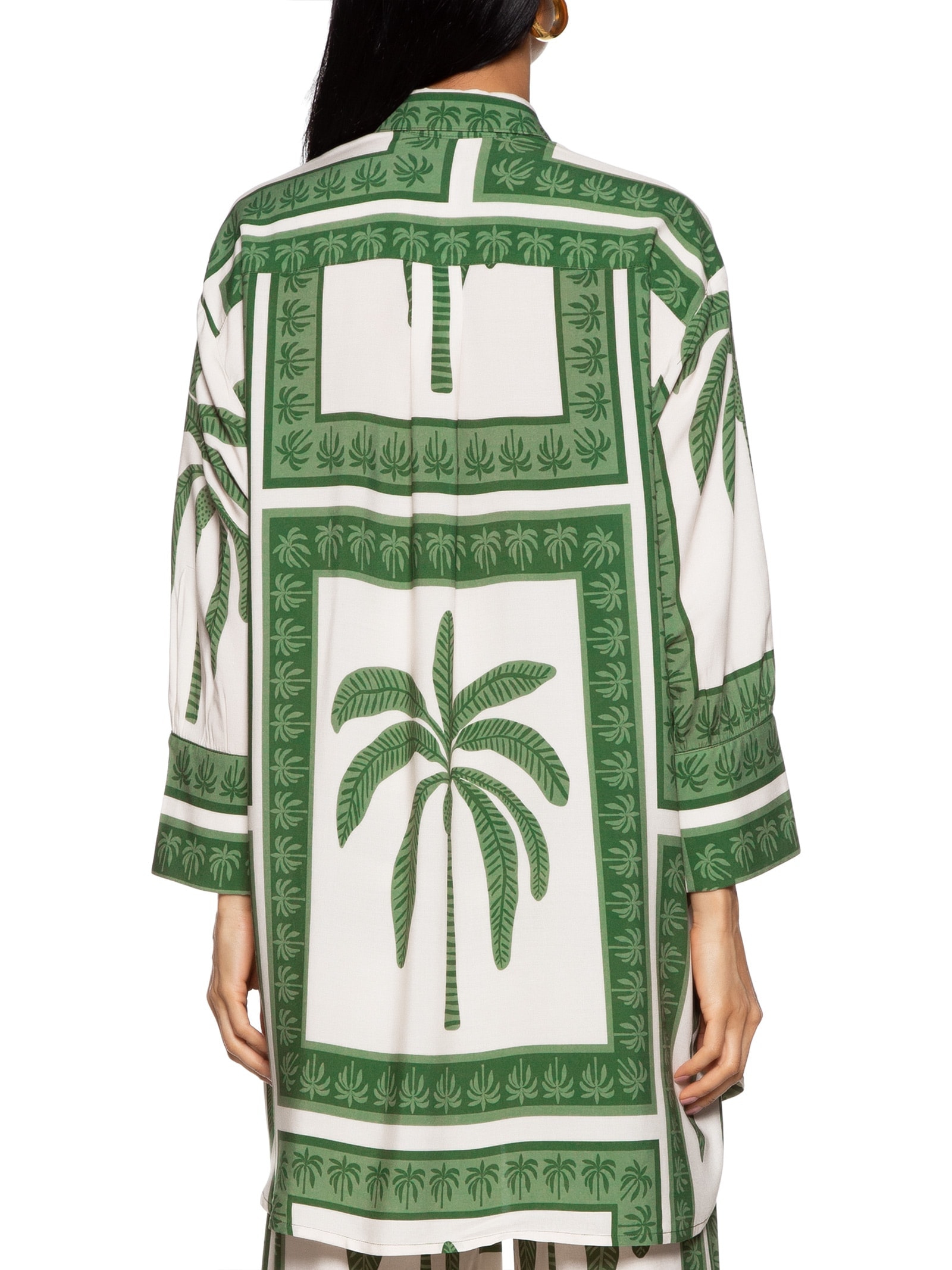 Camisa Feminina Alongada Estampa Lenço Coqueiro Verde Mob