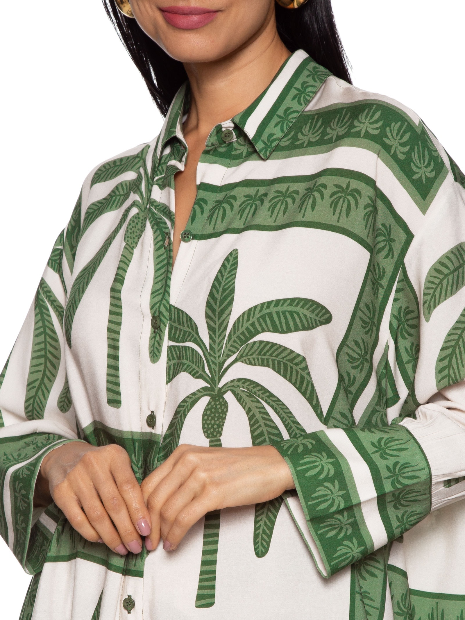 Camisa Feminina Alongada Estampa Lenço Coqueiro Verde Mob