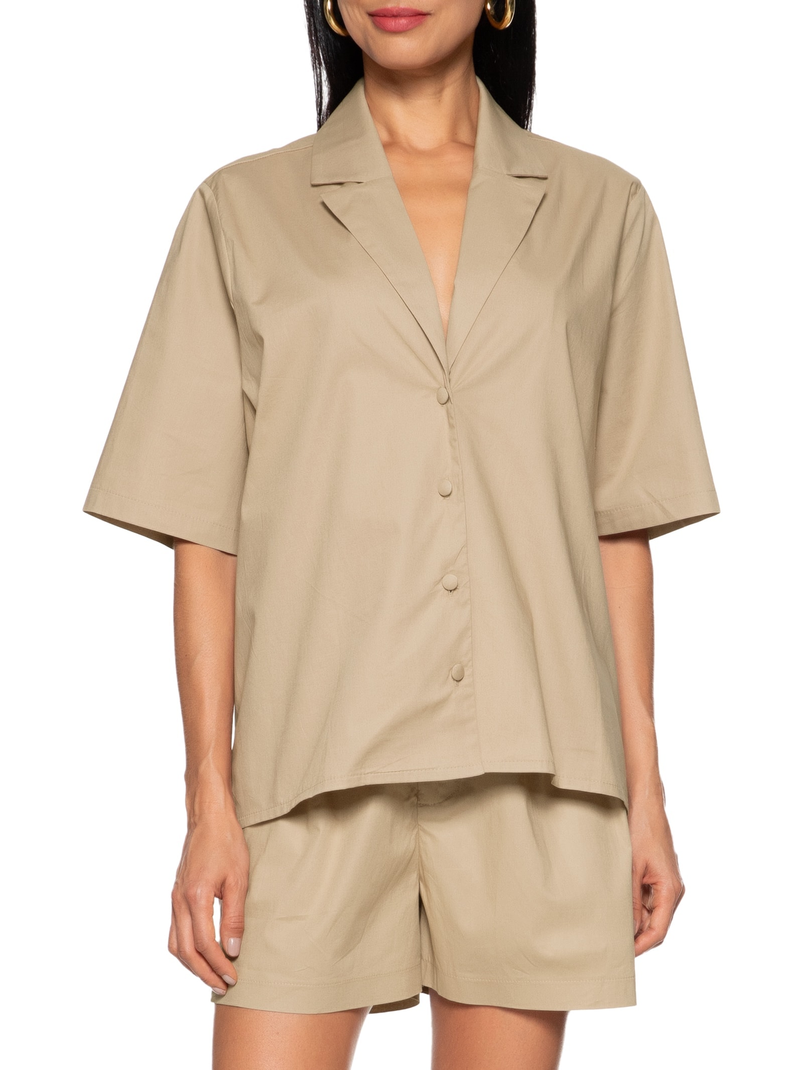 Camisa Feminina Alongada Manga Média Bege My Favorite Things