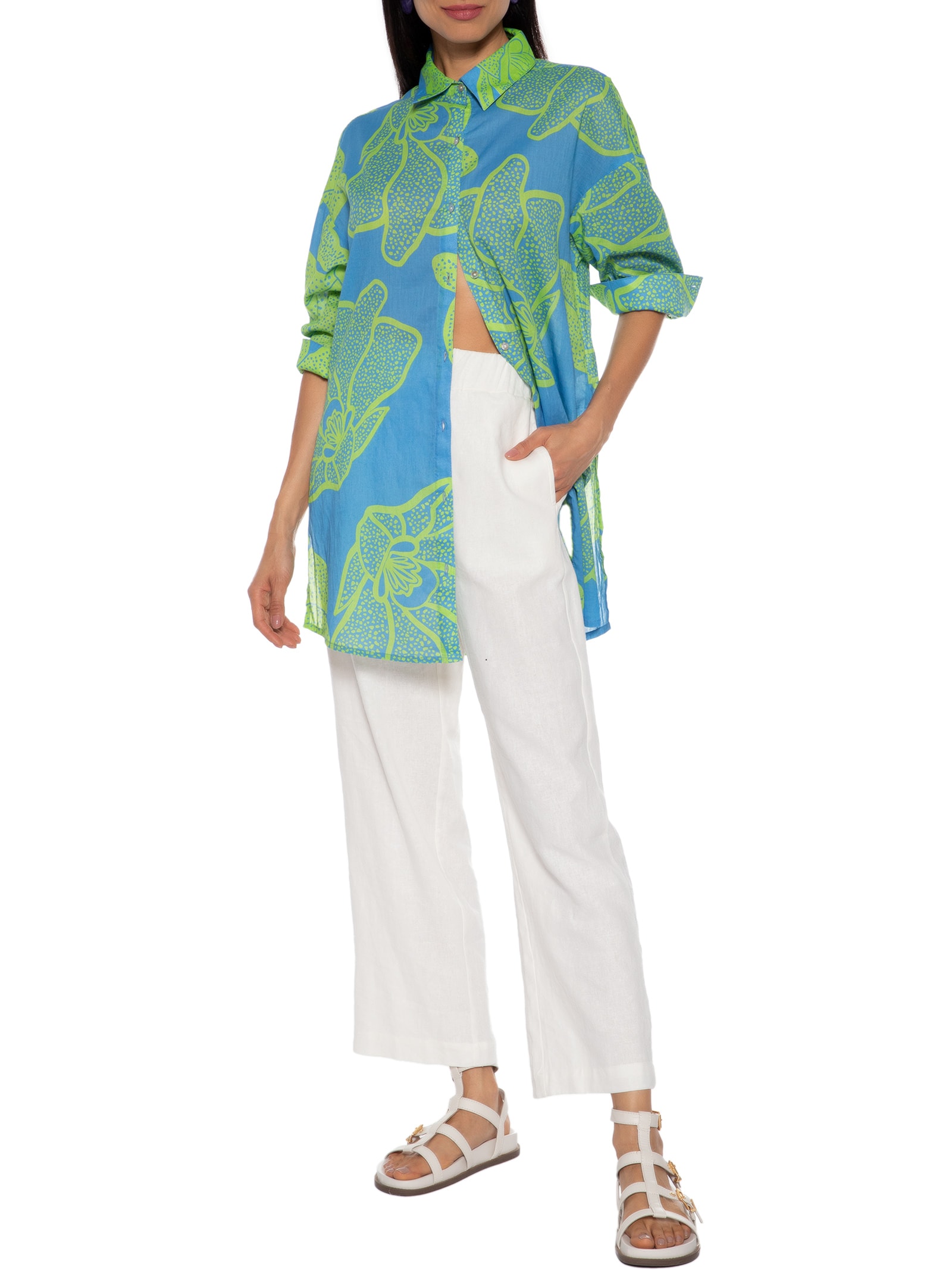 Camisa Feminina Ampla Flor De Sal Azul Shoulder