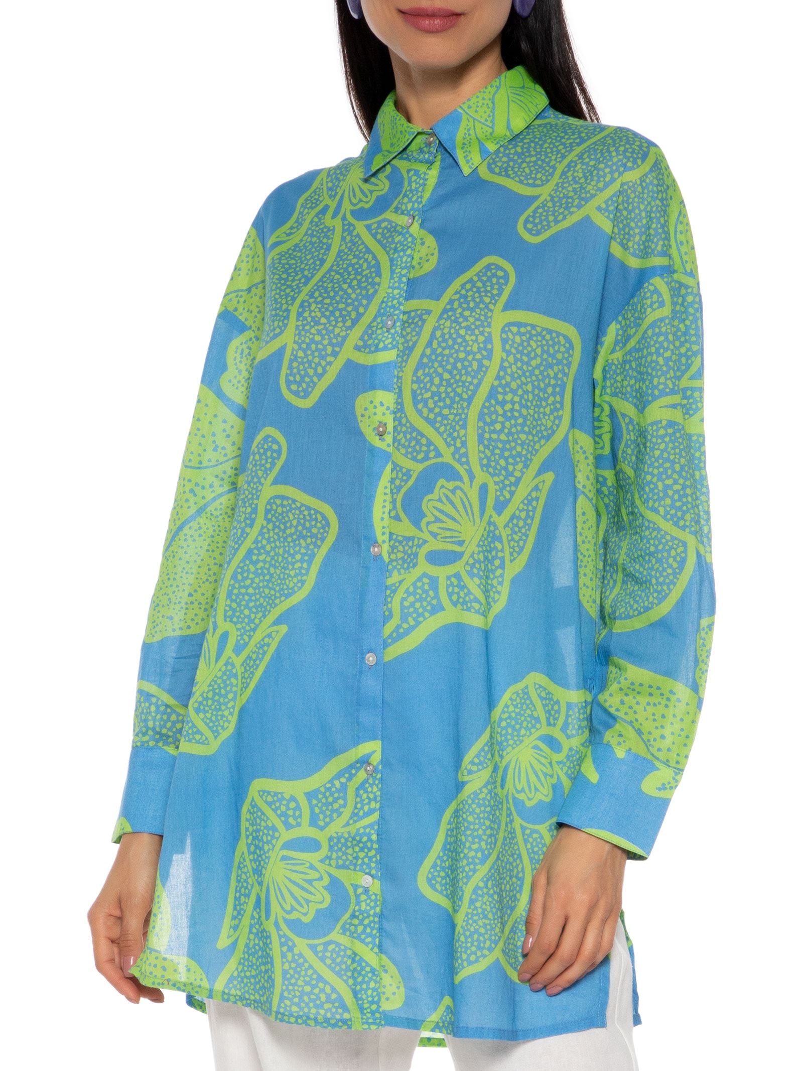 Camisa Feminina Ampla Flor De Sal Azul Shoulder