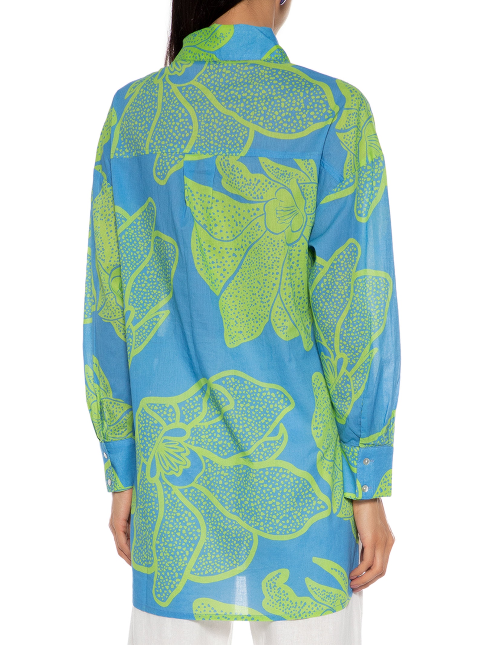 Camisa Feminina Ampla Flor De Sal Azul Shoulder