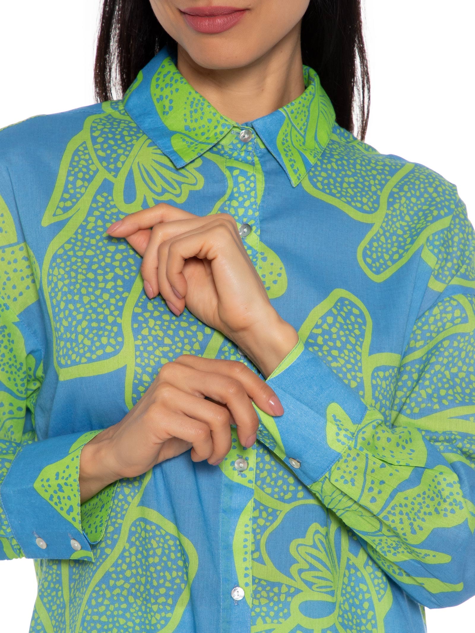 Camisa Feminina Ampla Flor De Sal Azul Shoulder