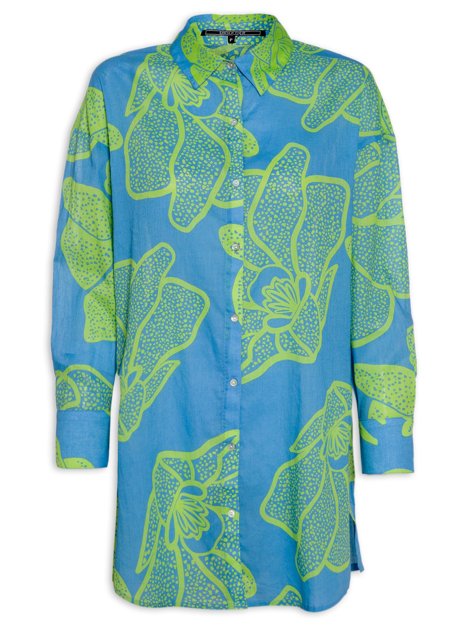 Camisa Feminina Ampla Flor De Sal Azul Shoulder