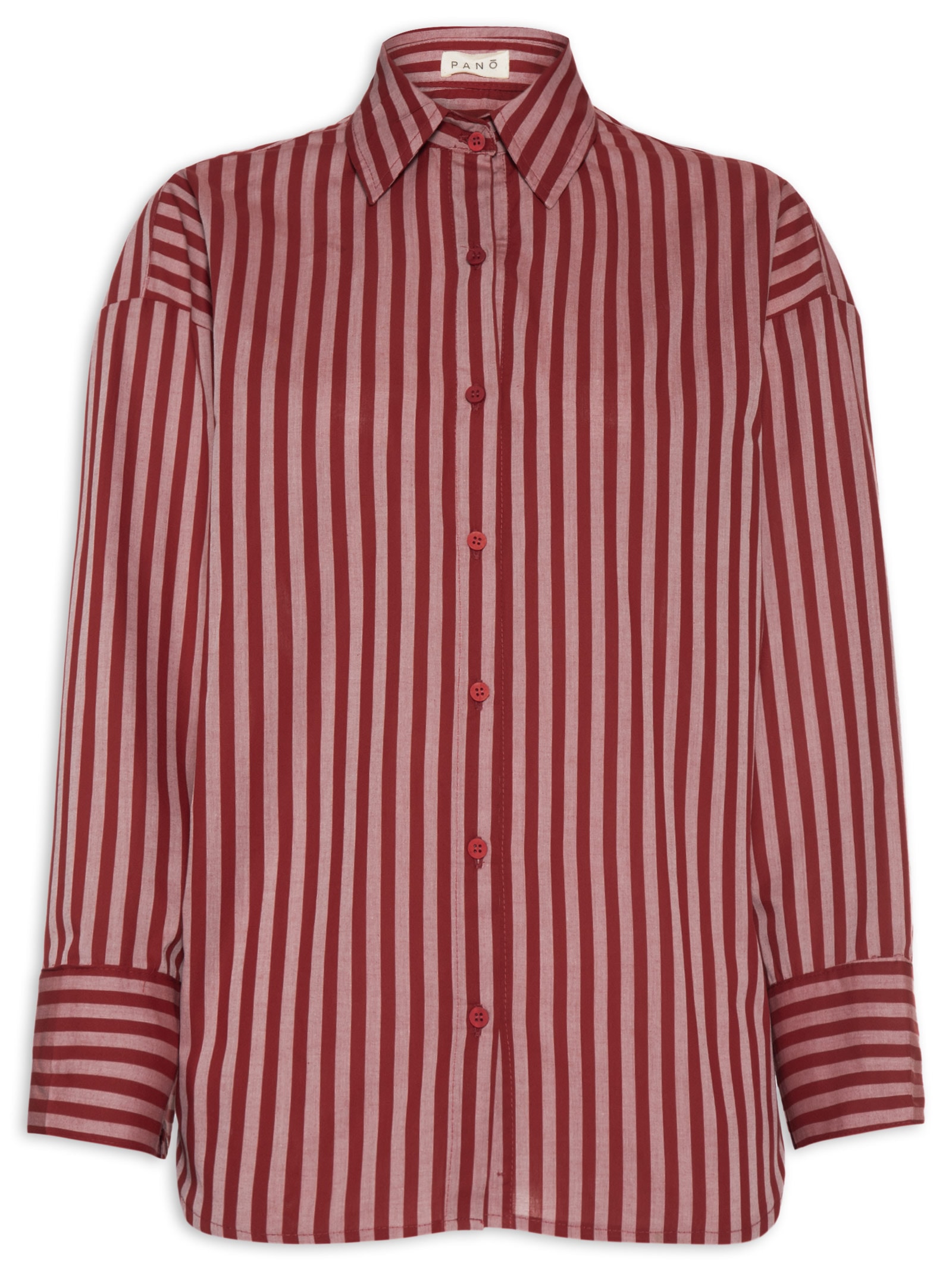Camisa Feminina Ampla Tricoline Listras Bisous Vermelho Panô