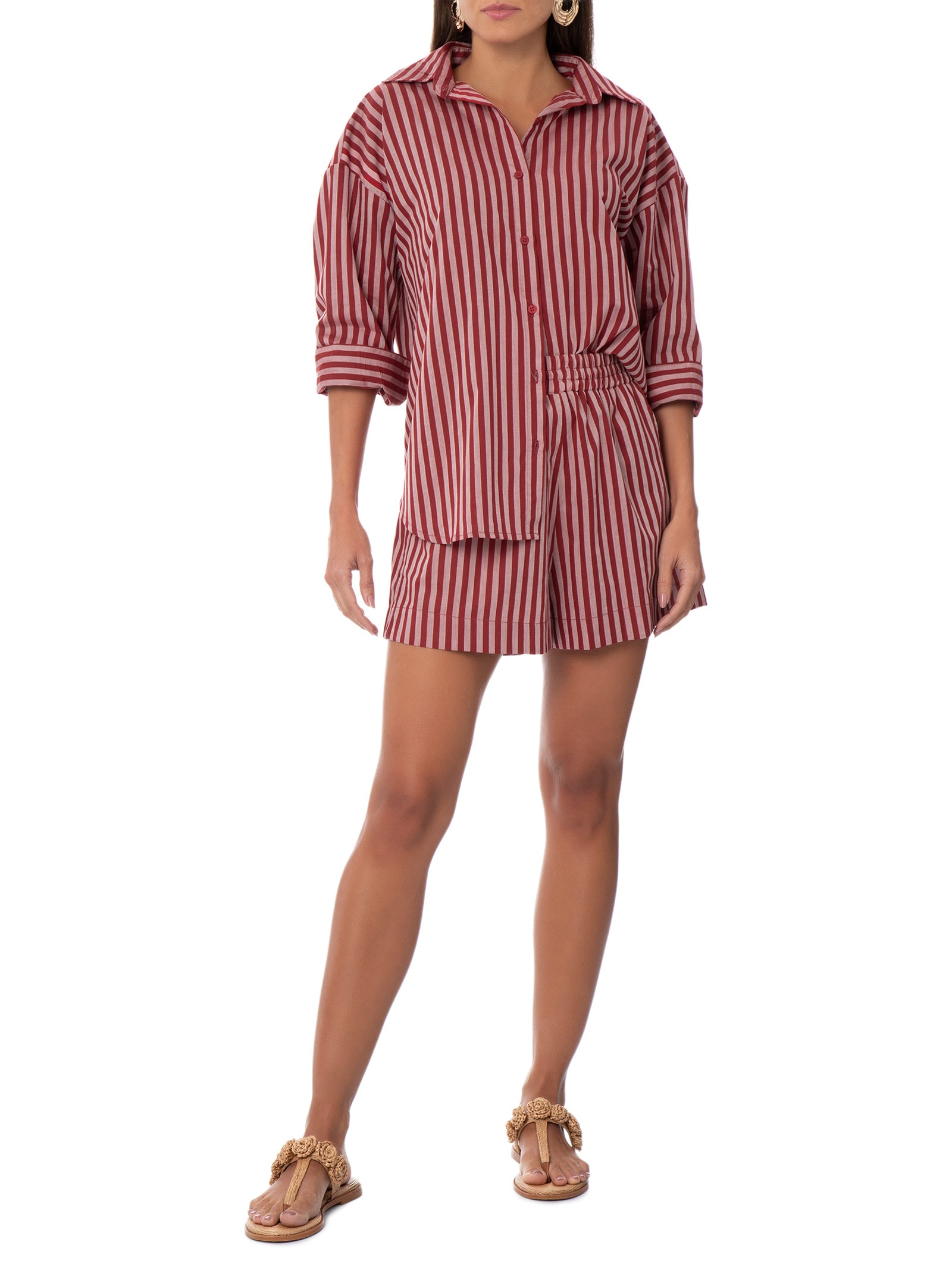 Camisa Feminina Ampla Tricoline Listras Bisous Vermelho Panô