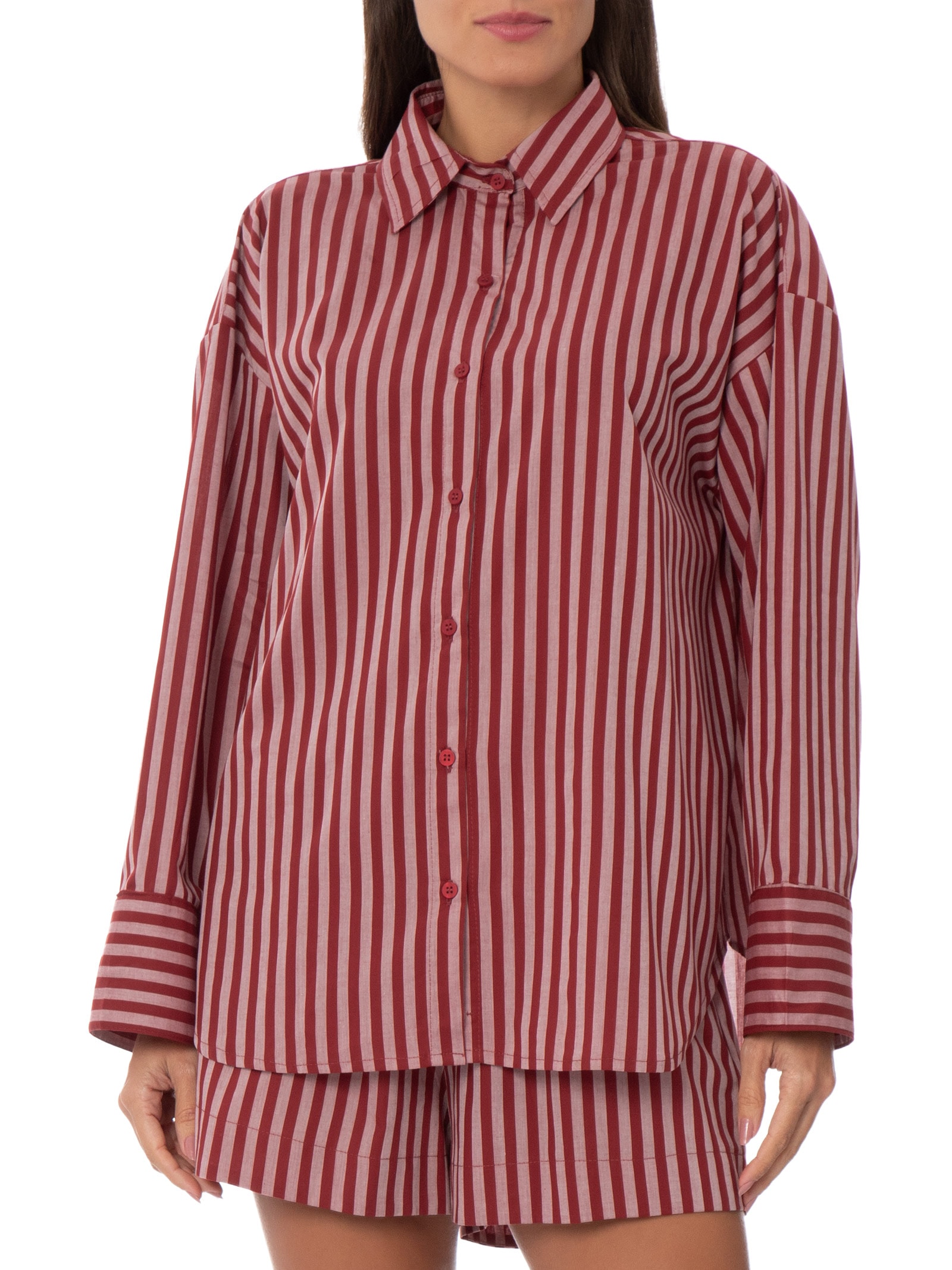 Camisa Feminina Ampla Tricoline Listras Bisous Vermelho Panô