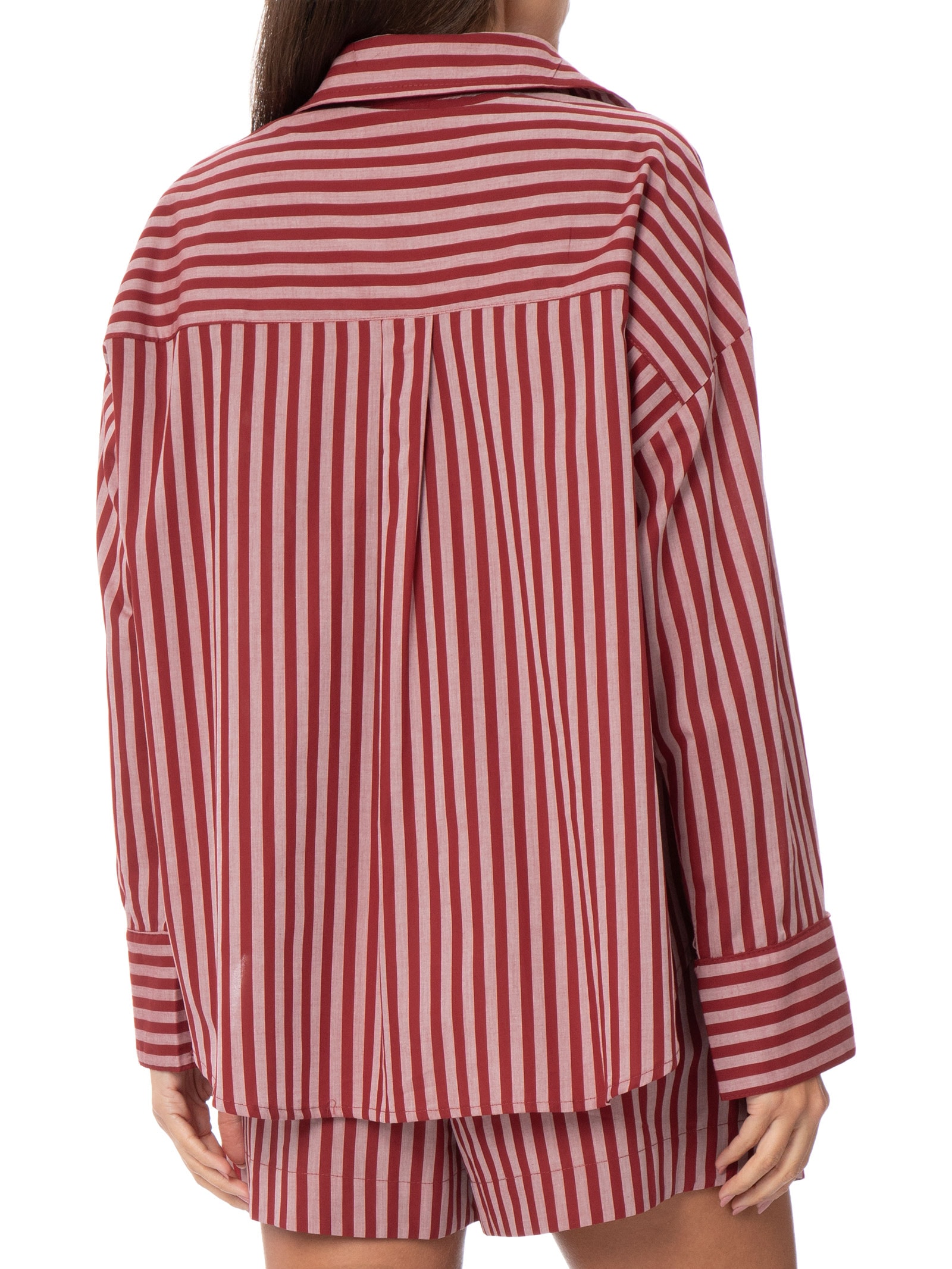 Camisa Feminina Ampla Tricoline Listras Bisous Vermelho Panô