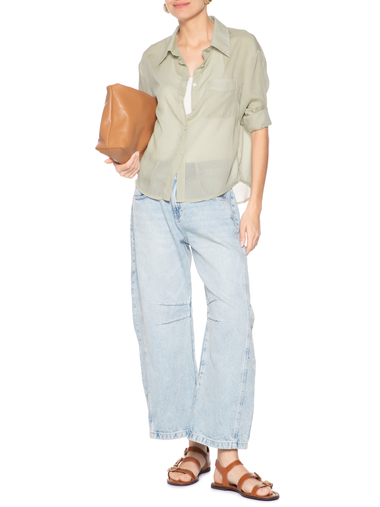 Camisa Feminina Básica Com Bolso Bege Basiq