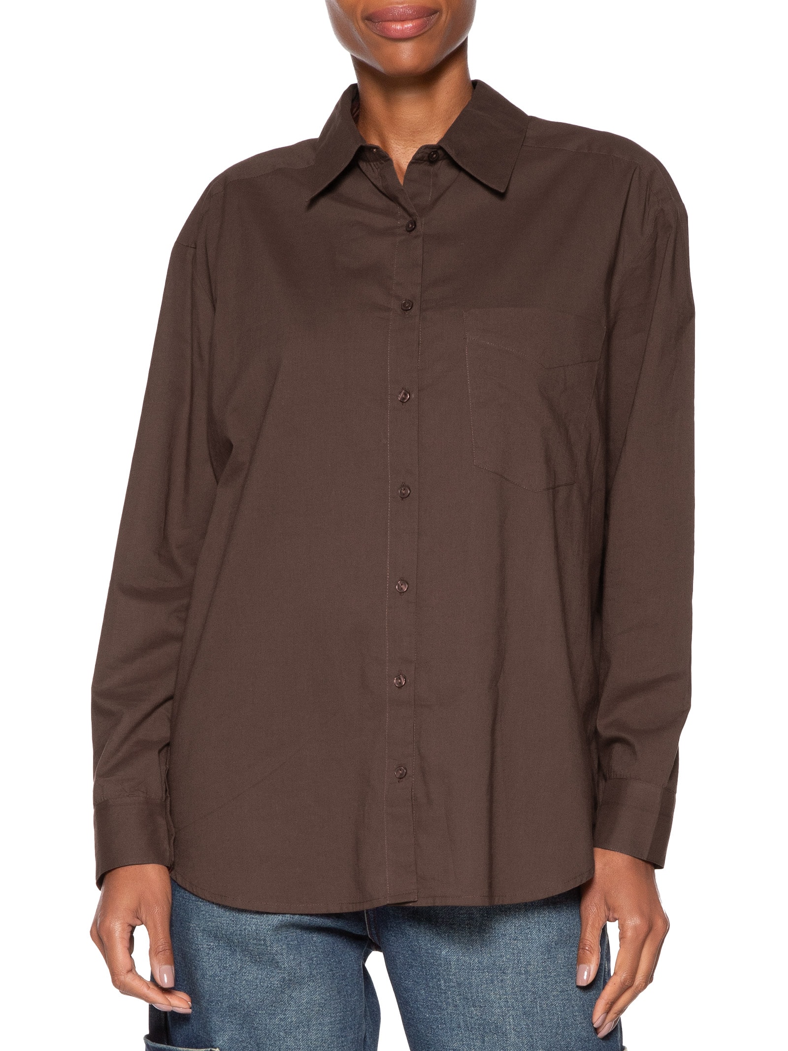 Camisa Feminina Básica Com Bolso Marrom Animale Jeans