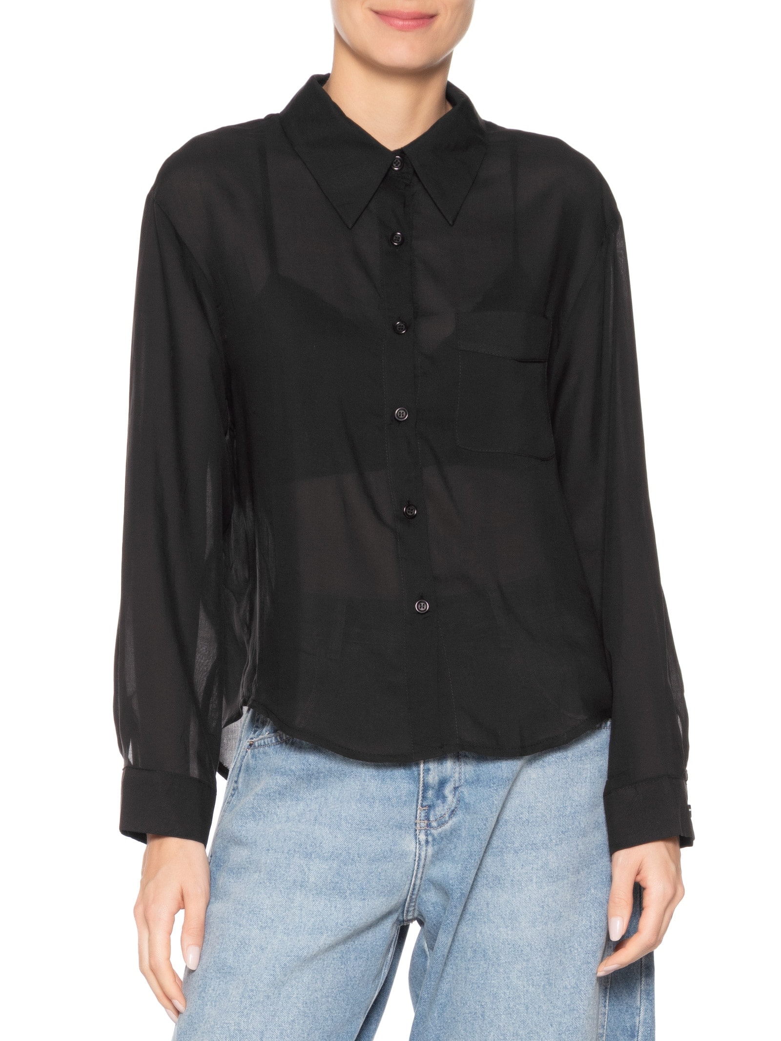 Camisa Feminina Básica Com Bolso Preto Basiq