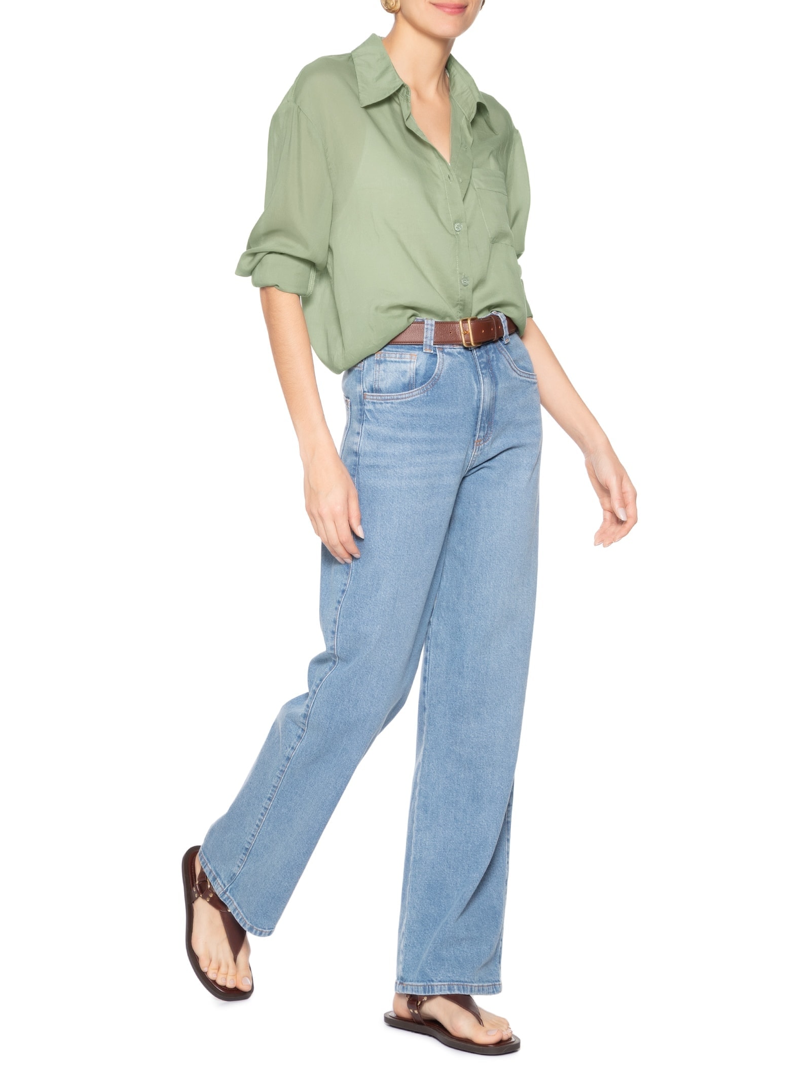 Camisa Feminina Básica Com Bolso Verde Basiq